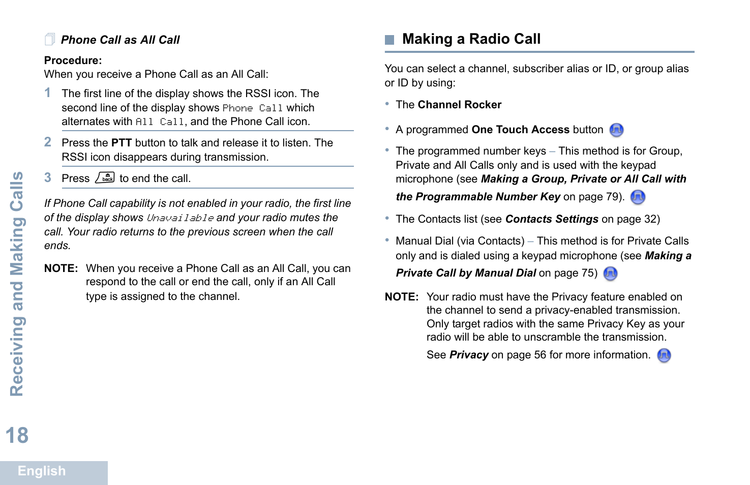 Phone call as all call, Making a radio call, Receiving and making calls | Motorola XPR 4580 User Manual | Page 30 / 121