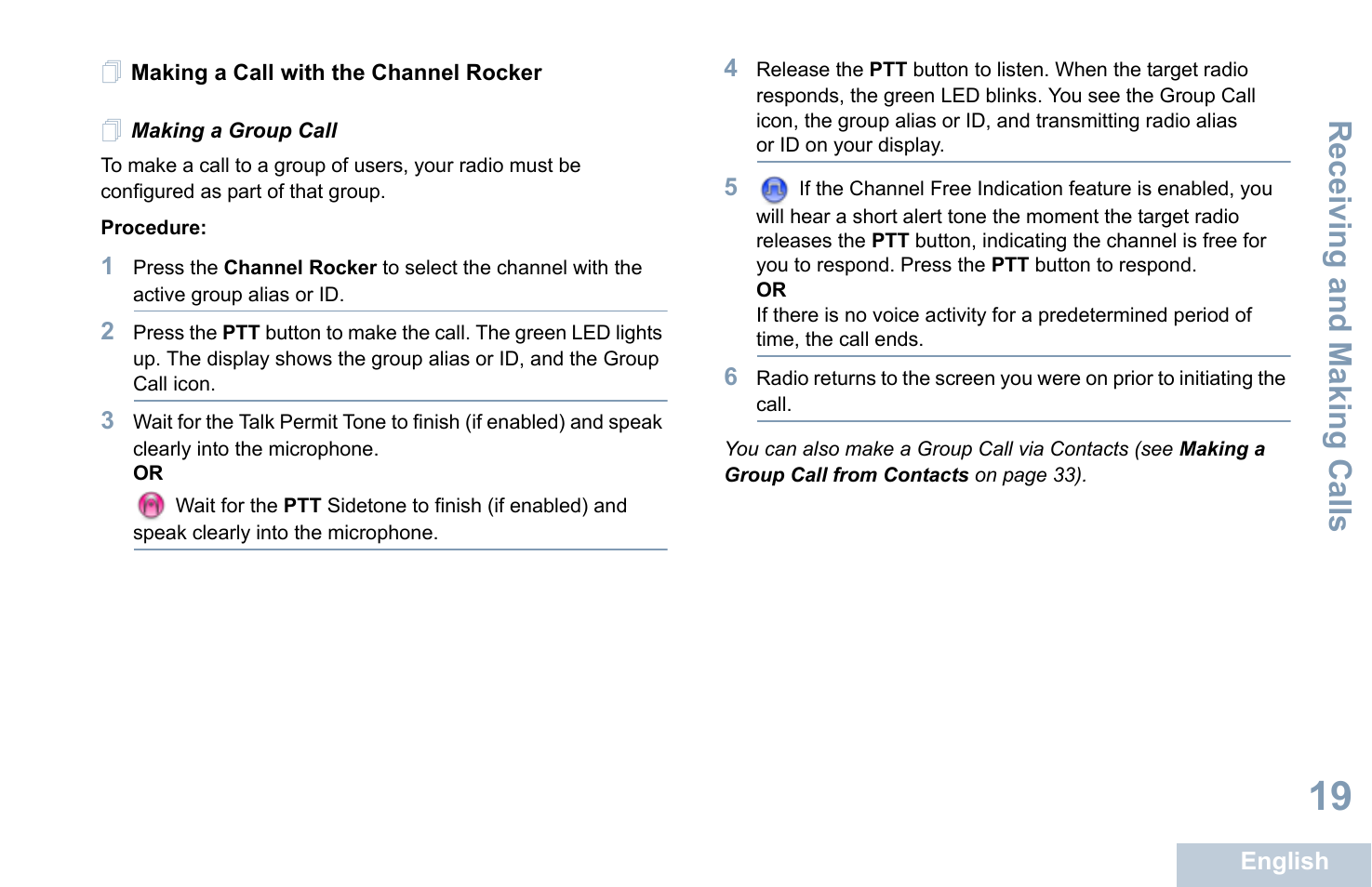 Making a call with the channel rocker, Making a group call, Receiving and making calls | Motorola XPR 4580 User Manual | Page 31 / 121