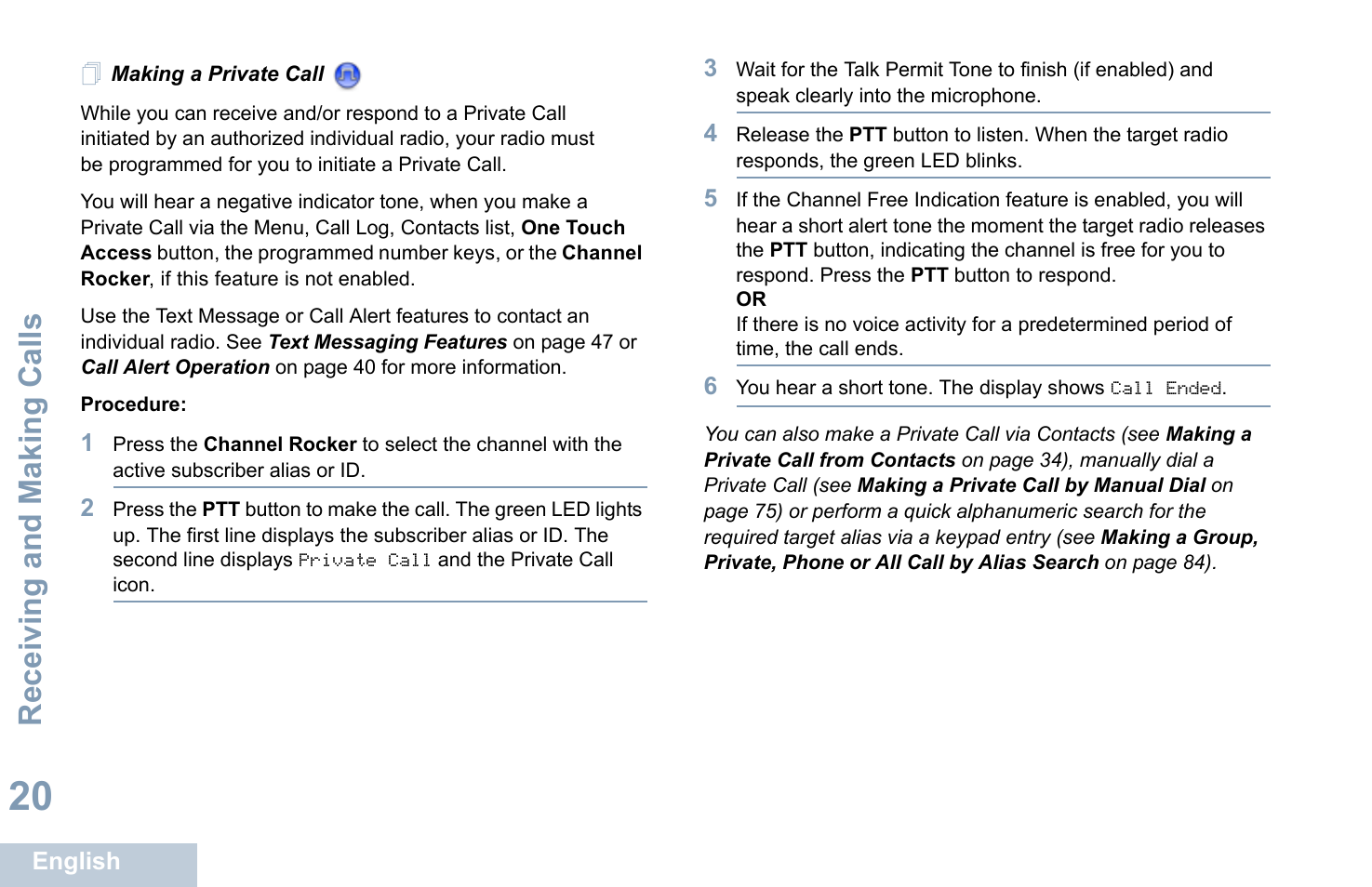 Making a private call, Receiving and making calls | Motorola XPR 4580 User Manual | Page 32 / 121