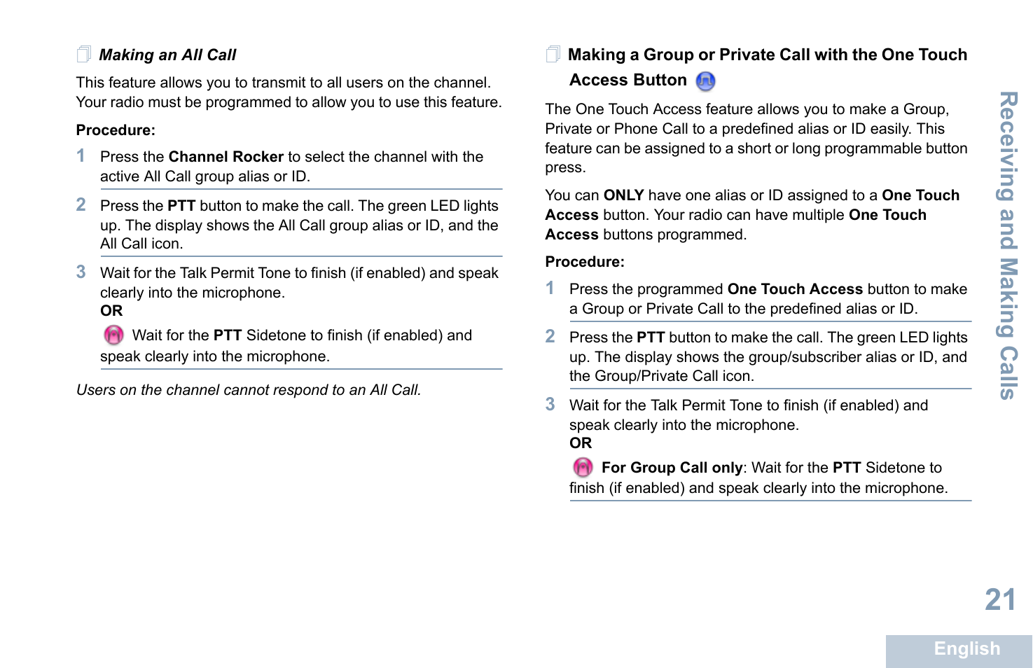 Making an all call, Receiving and making calls | Motorola XPR 4580 User Manual | Page 33 / 121