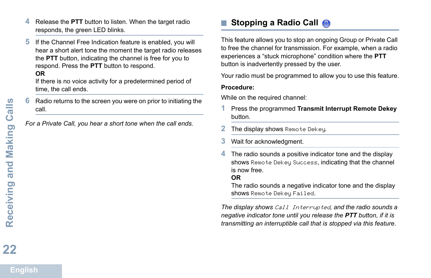 Stopping a radio call, Receiving and making calls | Motorola XPR 4580 User Manual | Page 34 / 121