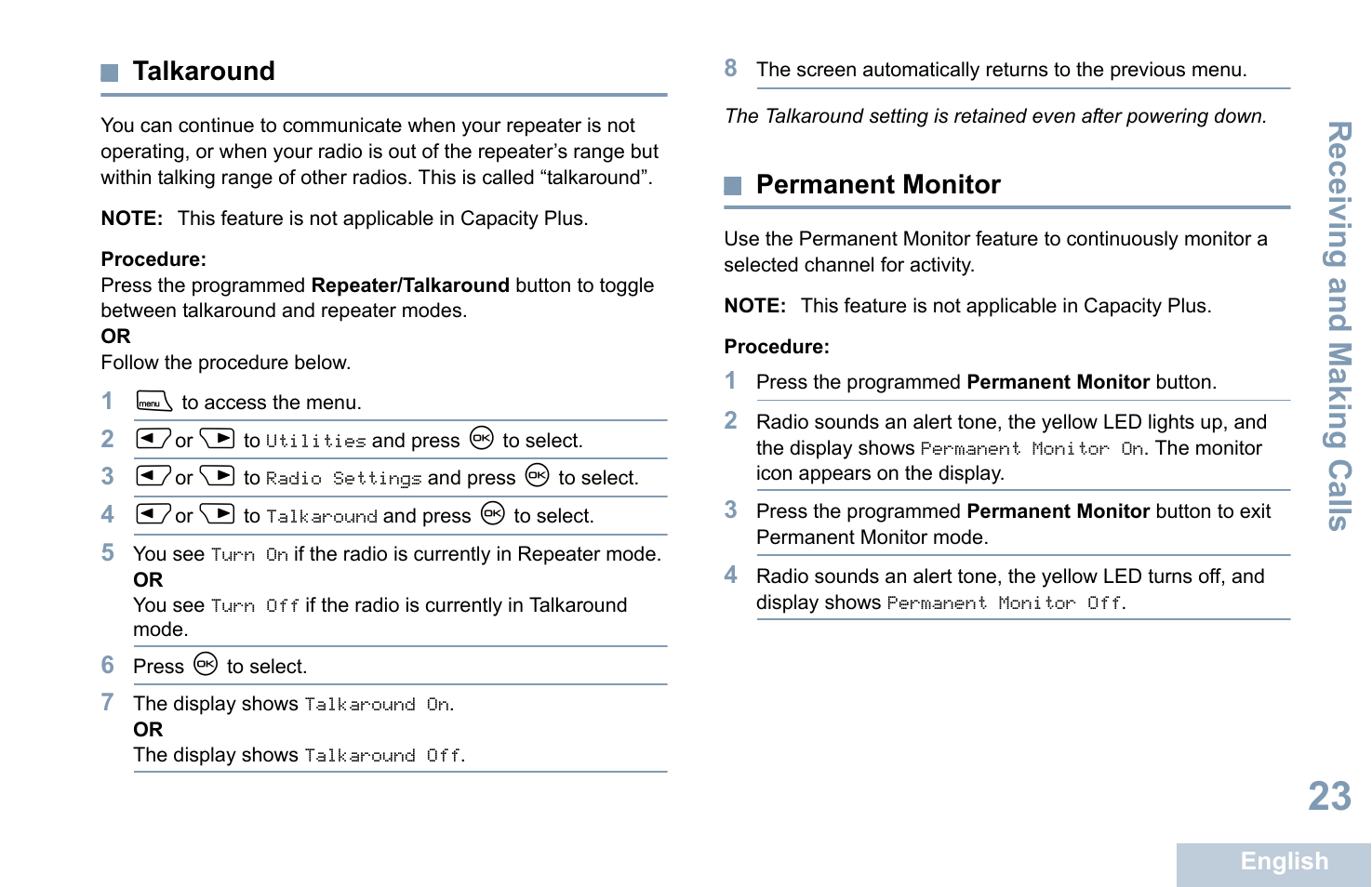 Talkaround, Permanent monitor, Talkaround permanent monitor | Receiving and making calls | Motorola XPR 4580 User Manual | Page 35 / 121