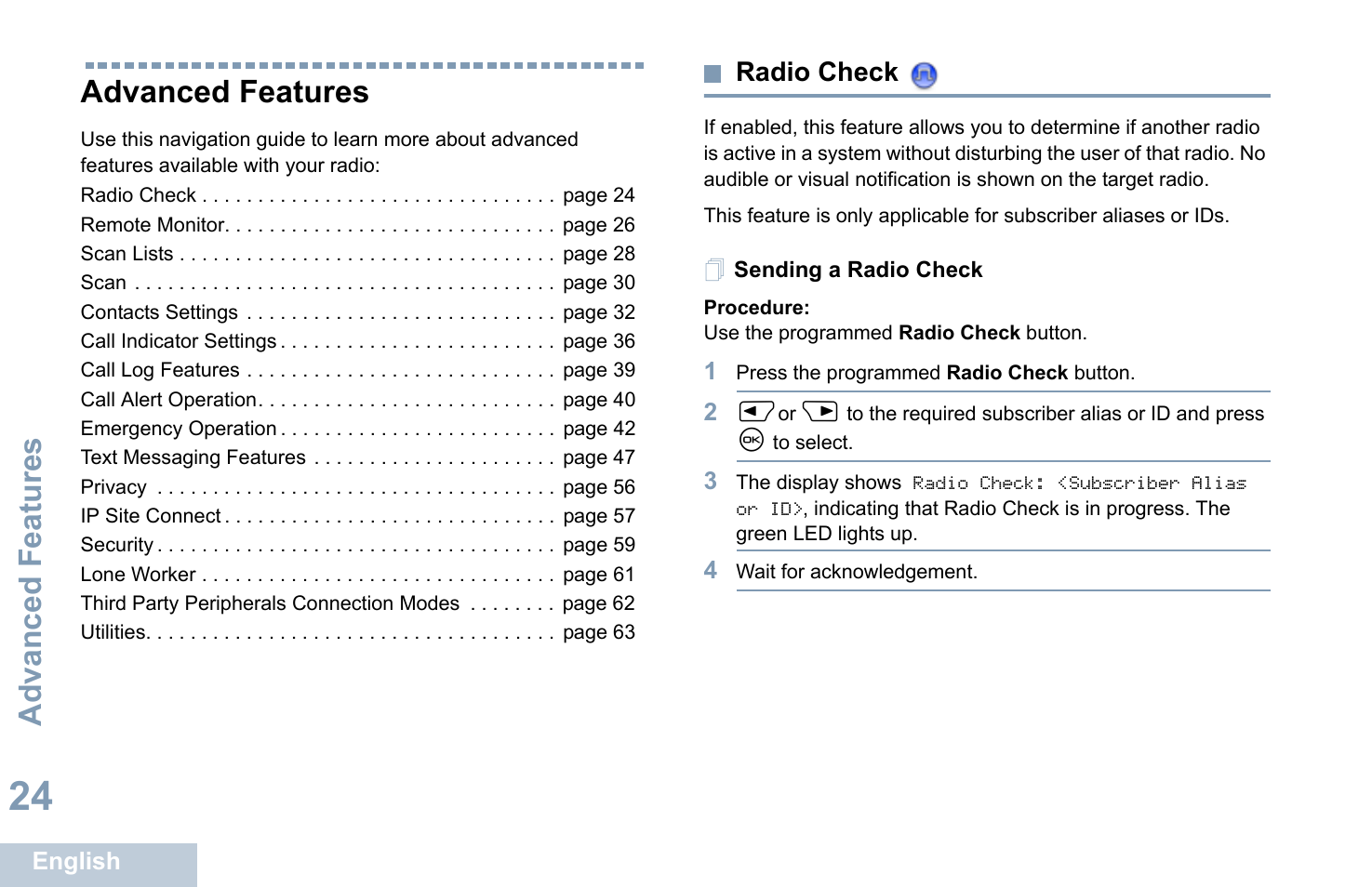 Advanced features, Radio check, Sending a radio check | Motorola XPR 4580 User Manual | Page 36 / 121