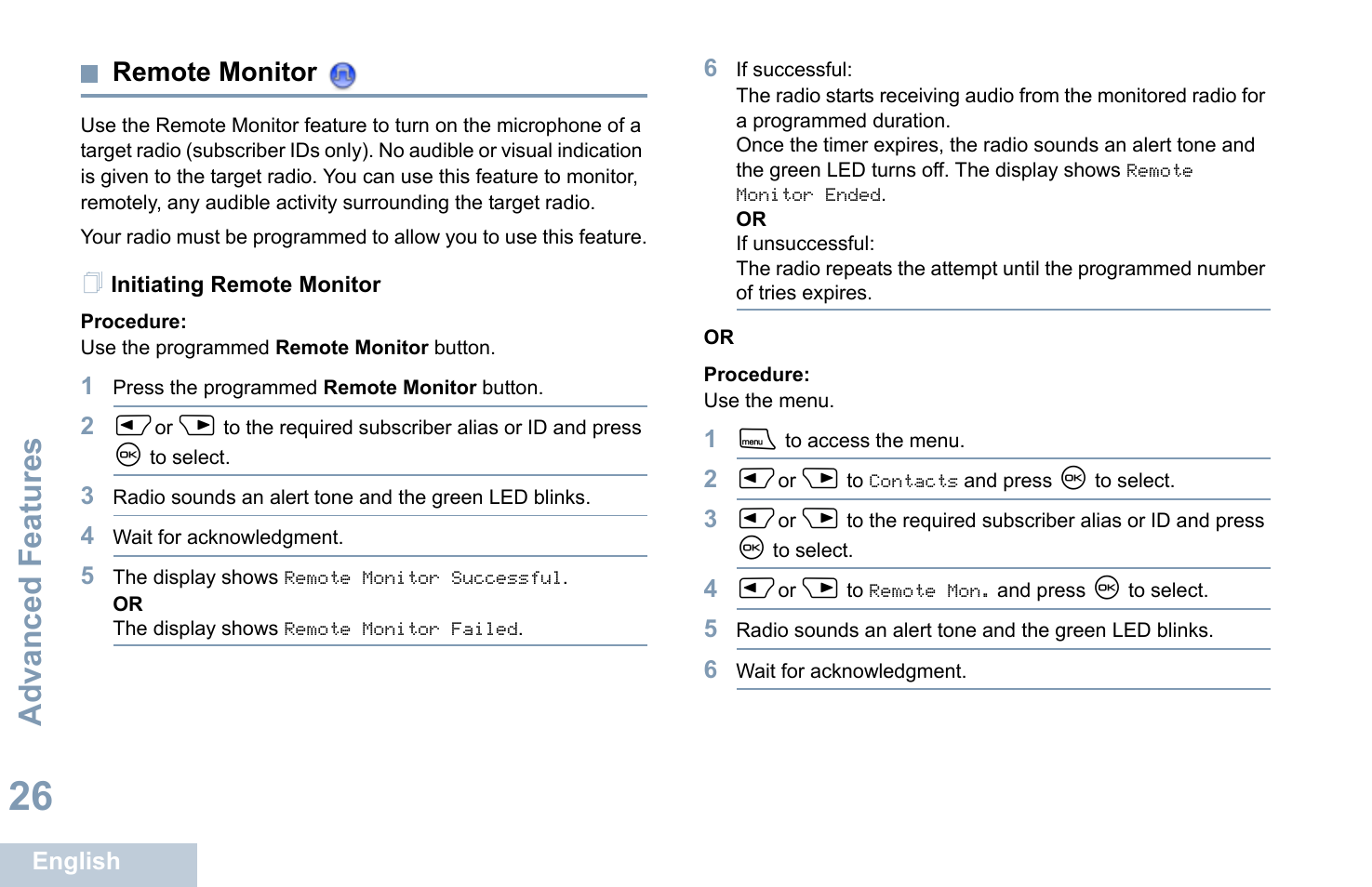 Remote monitor, Initiating remote monitor, Advanced features | Motorola XPR 4580 User Manual | Page 38 / 121