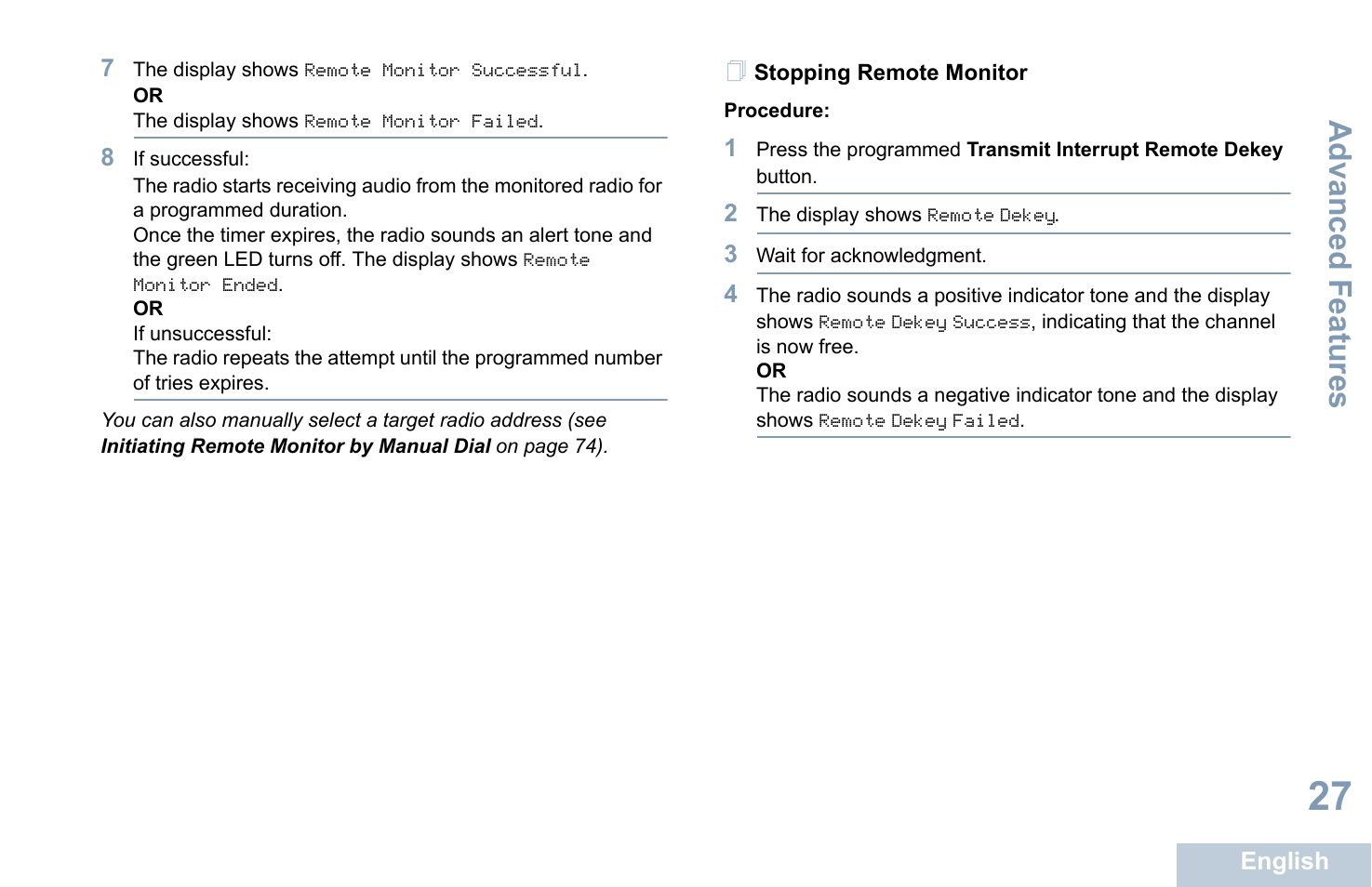 Stopping remote monitor, Advanced features | Motorola XPR 4580 User Manual | Page 39 / 121