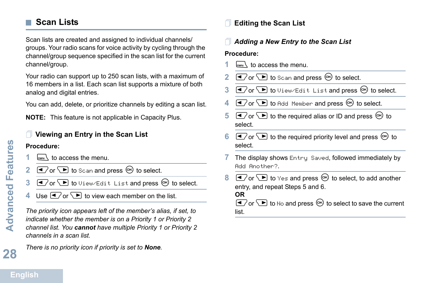 Scan lists, Viewing an entry in the scan list, Editing the scan list | Adding a new entry to the scan list, Advanced features | Motorola XPR 4580 User Manual | Page 40 / 121