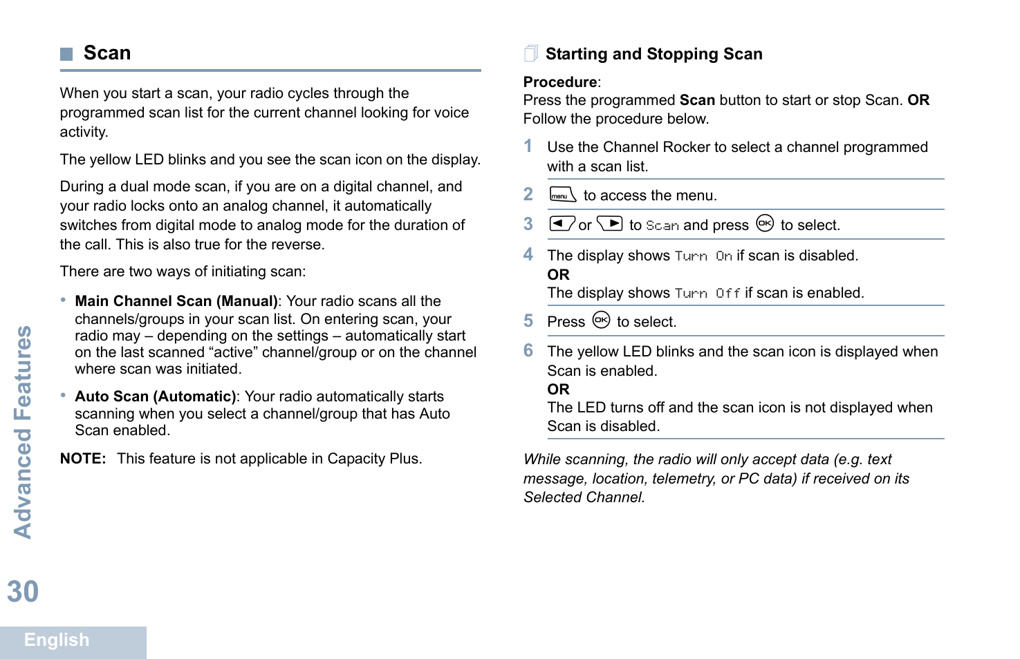 Scan, Starting and stopping scan, Advanced features | Motorola XPR 4580 User Manual | Page 42 / 121