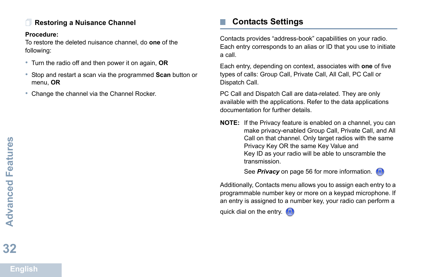 Restoring a nuisance channel, Contacts settings, Advanced features | Motorola XPR 4580 User Manual | Page 44 / 121