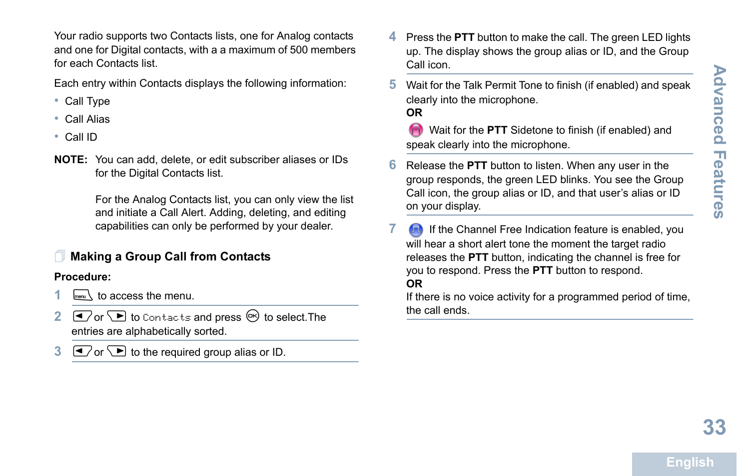 Making a group call from contacts, Advanced features | Motorola XPR 4580 User Manual | Page 45 / 121