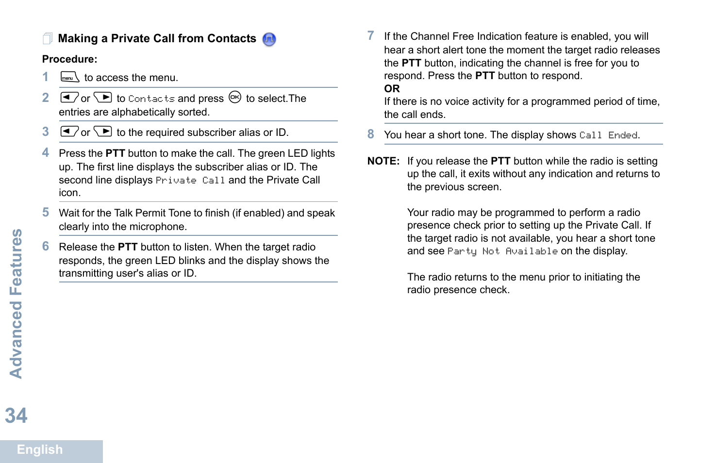 Making a private call from contacts, Advanced features | Motorola XPR 4580 User Manual | Page 46 / 121
