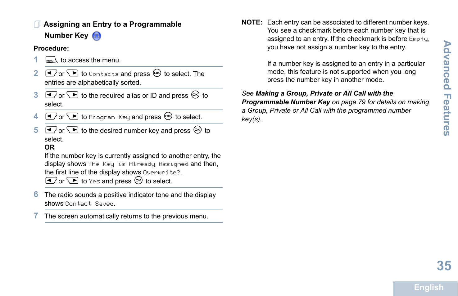 Assigning an entry to a programmable number key, Advanced features | Motorola XPR 4580 User Manual | Page 47 / 121