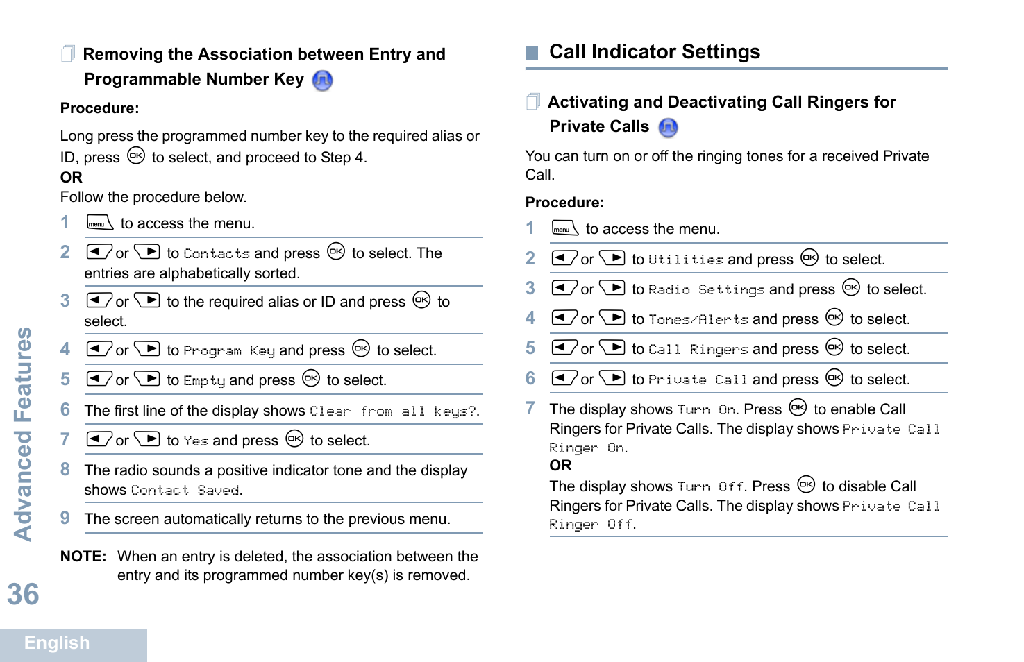 Call indicator settings, Advanced features | Motorola XPR 4580 User Manual | Page 48 / 121