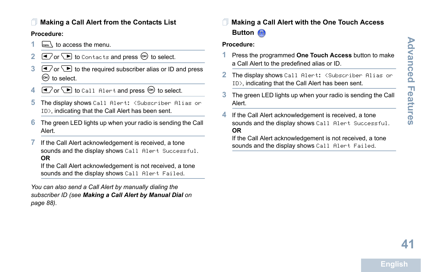 Making a call alert from the contacts list, Advanced features | Motorola XPR 4580 User Manual | Page 53 / 121
