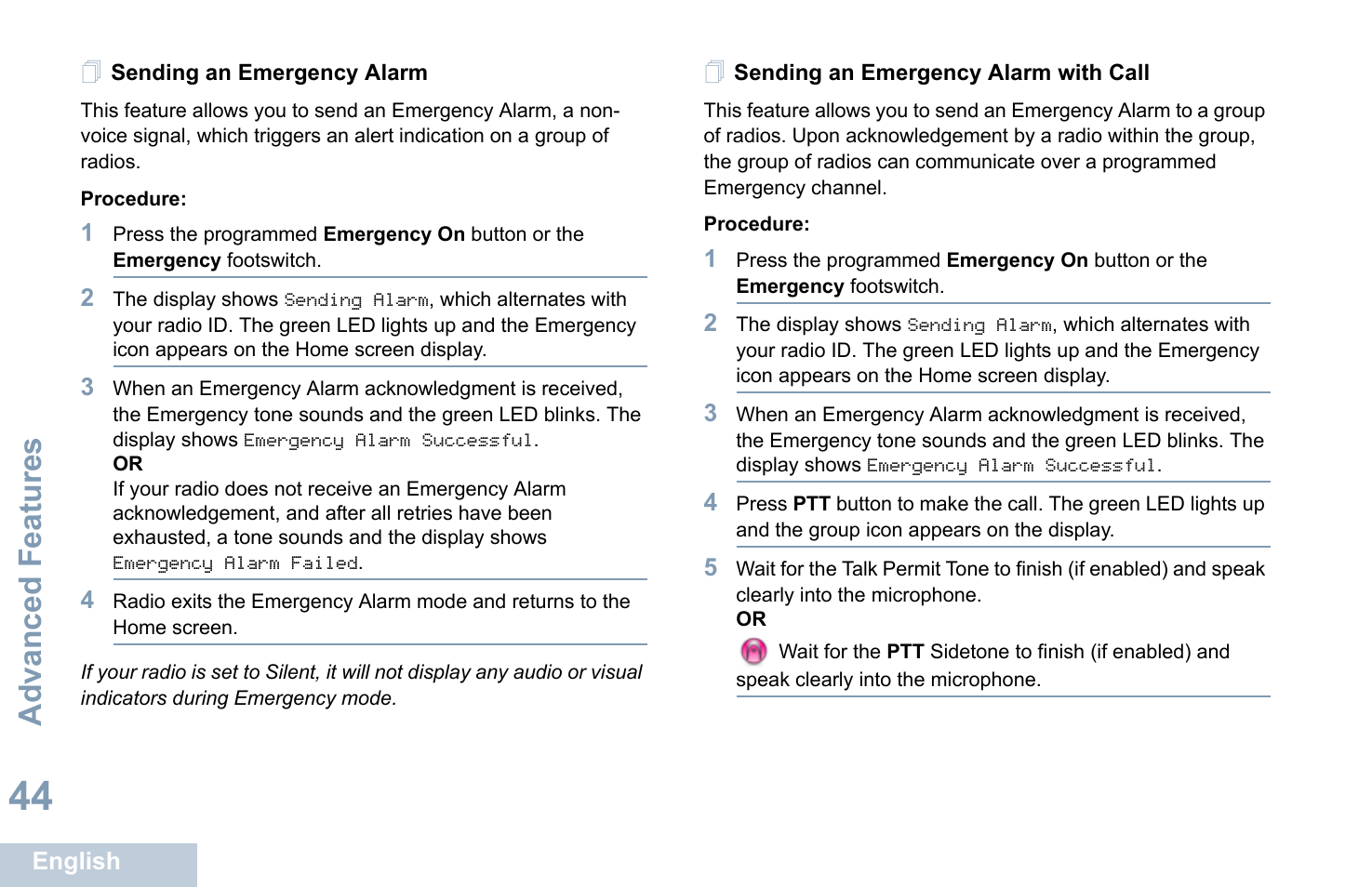 Sending an emergency alarm, Sending an emergency alarm with call, Advanced features | Motorola XPR 4580 User Manual | Page 56 / 121