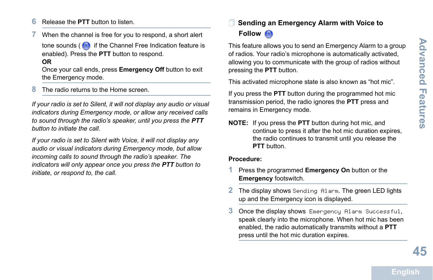 Sending an emergency alarm with voice to follow, Advanced features | Motorola XPR 4580 User Manual | Page 57 / 121