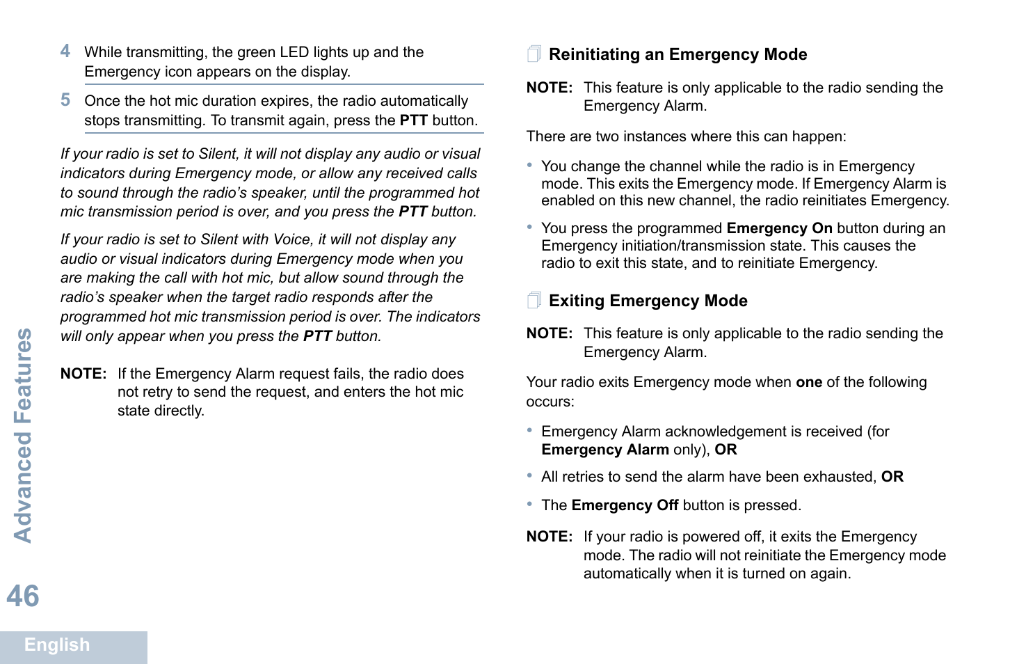 Reinitiating an emergency mode, Exiting emergency mode, Advanced features | Motorola XPR 4580 User Manual | Page 58 / 121