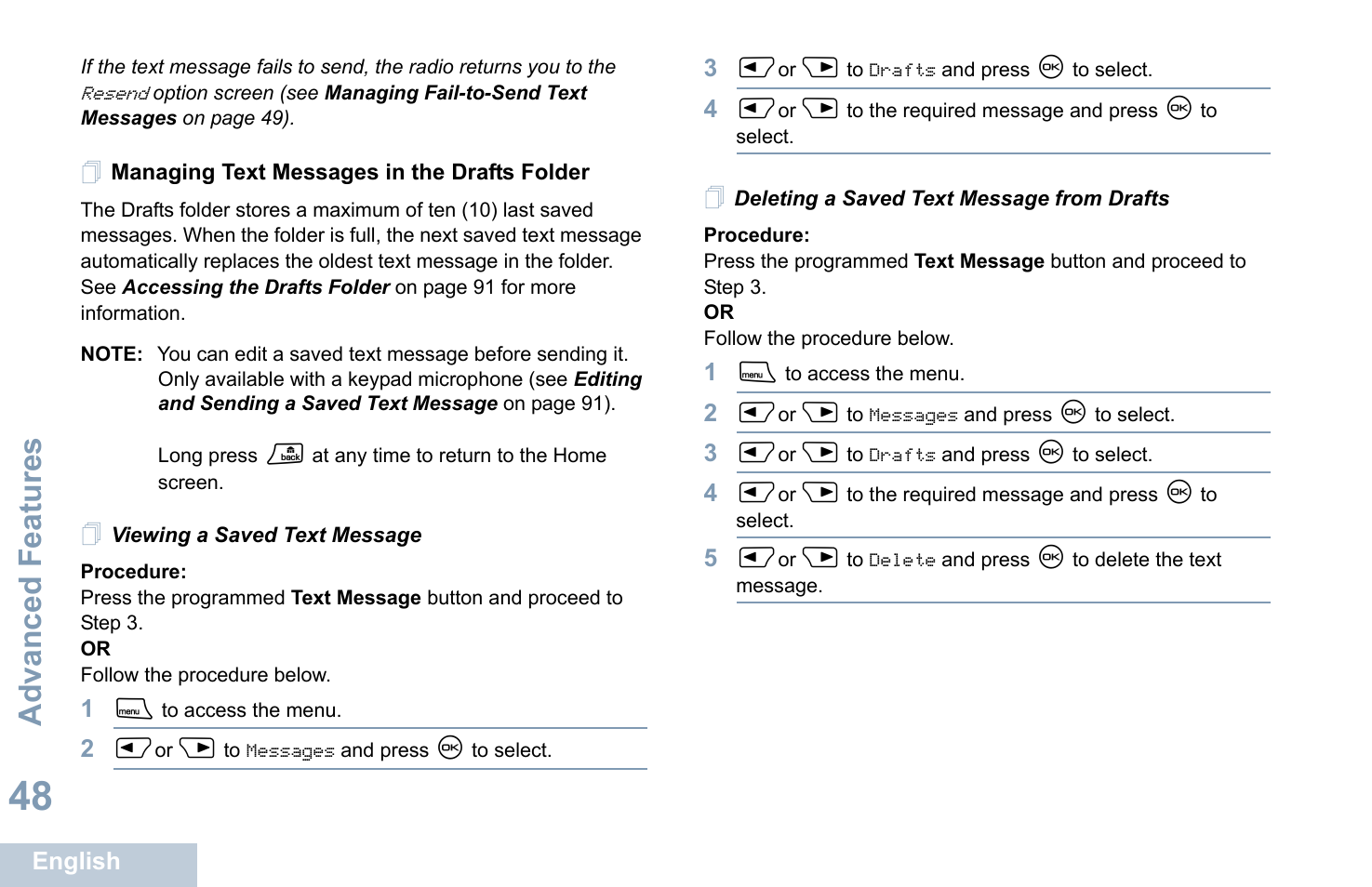 Managing text messages in the drafts folder, Viewing a saved text message, Deleting a saved text message from drafts | Advanced features | Motorola XPR 4580 User Manual | Page 60 / 121