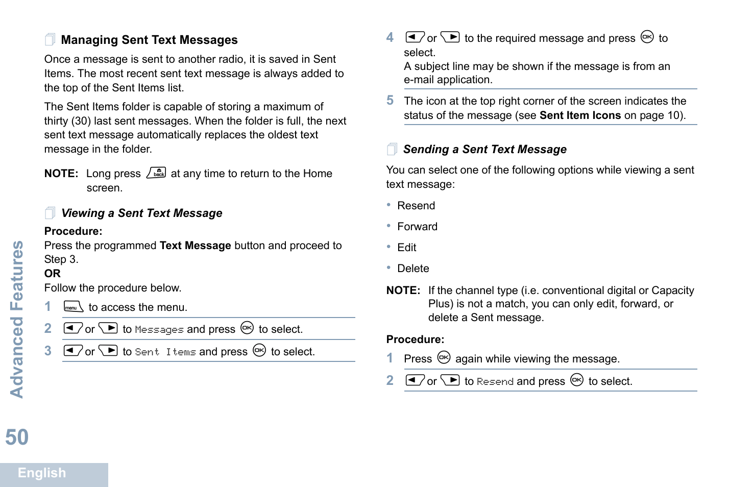 Managing sent text messages, Viewing a sent text message, Sending a sent text message | Advanced features | Motorola XPR 4580 User Manual | Page 62 / 121