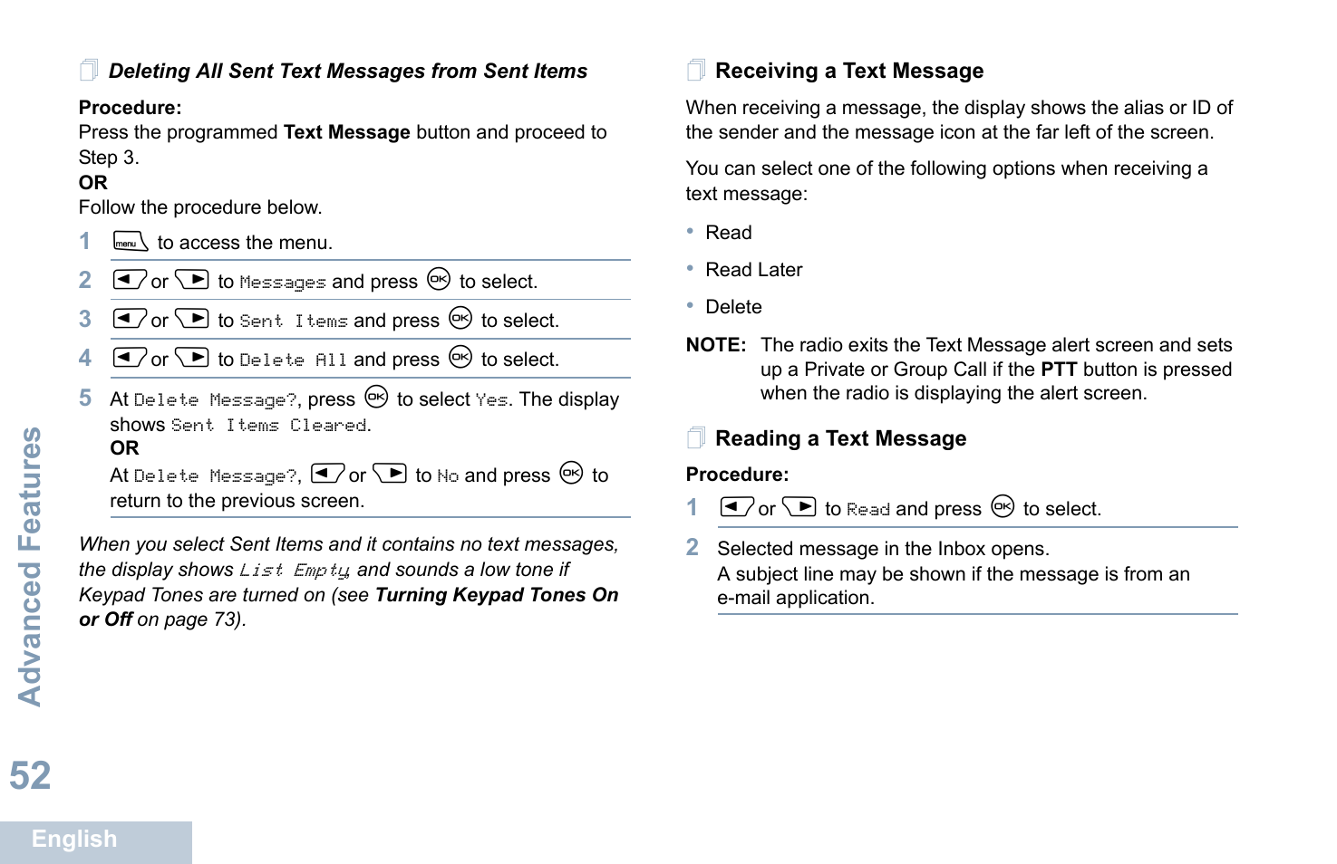 Deleting all sent text messages from sent items, Receiving a text message, Reading a text message | Deleting all sent text messages from sent items 52, Receiving a text message reading a text message, Advanced features | Motorola XPR 4580 User Manual | Page 64 / 121