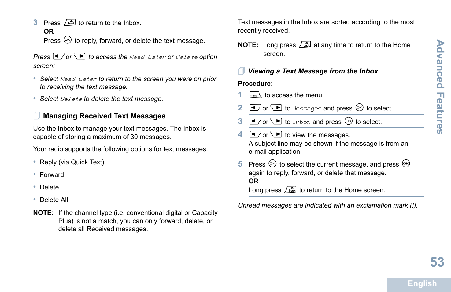 Managing received text messages, Viewing a text message from the inbox, Advanced features | Motorola XPR 4580 User Manual | Page 65 / 121