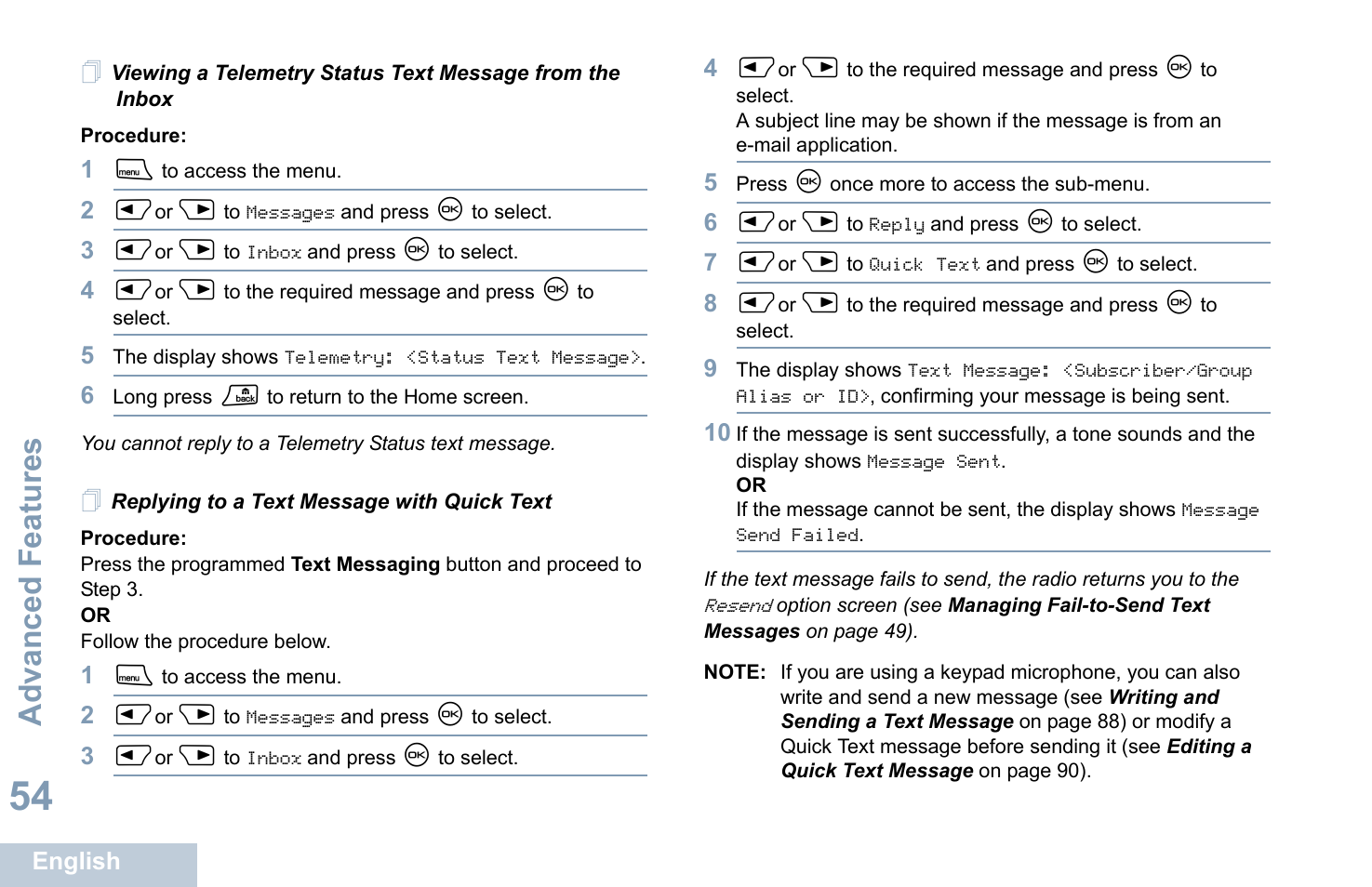 Replying to a text message with quick text, Advanced features | Motorola XPR 4580 User Manual | Page 66 / 121