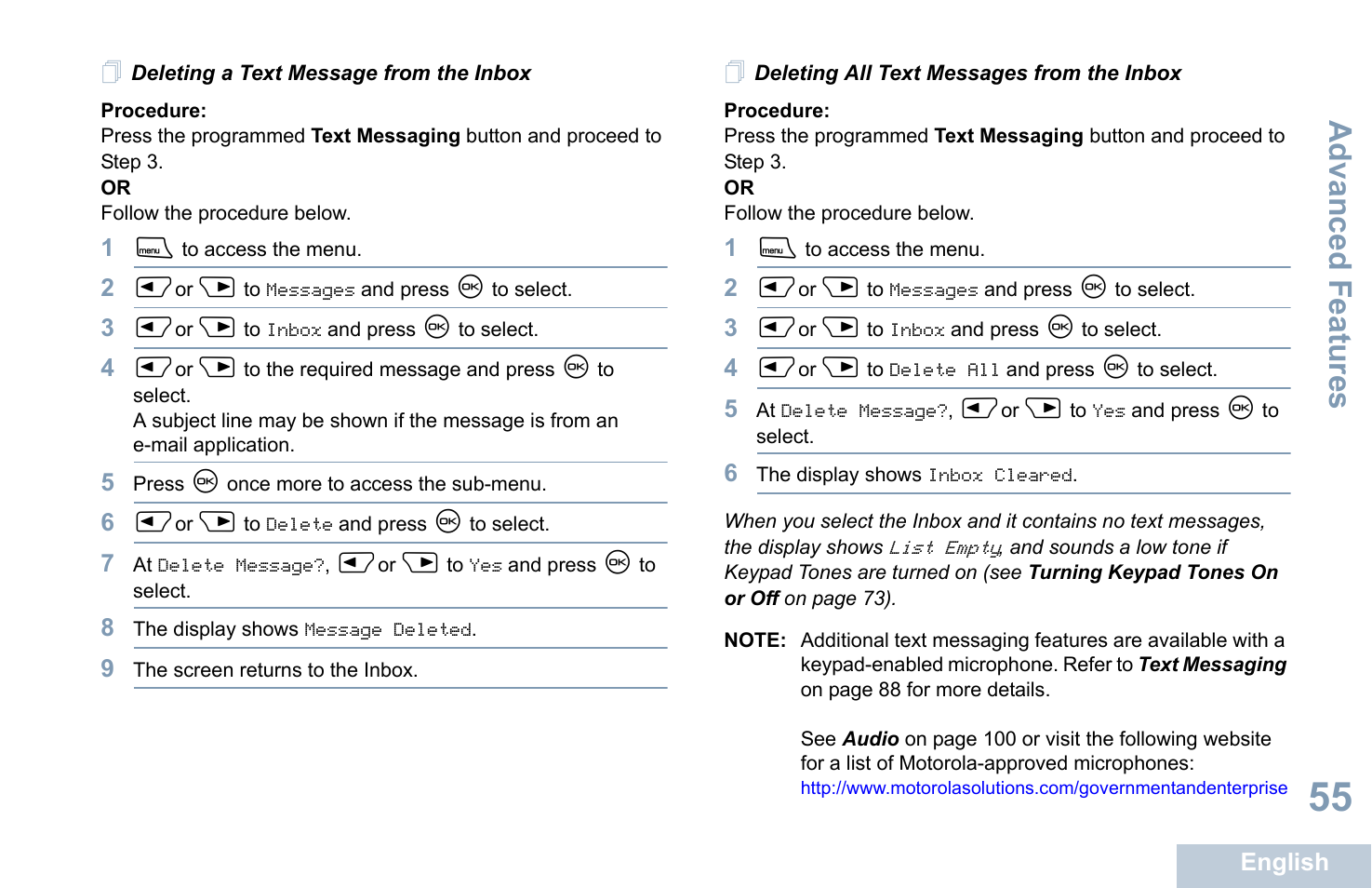 Deleting a text message from the inbox, Deleting all text messages from the inbox, Advanced features | Motorola XPR 4580 User Manual | Page 67 / 121