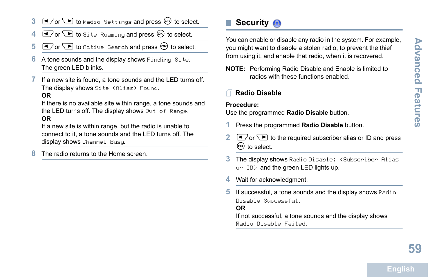Security, Radio disable, Advanced features | Motorola XPR 4580 User Manual | Page 71 / 121