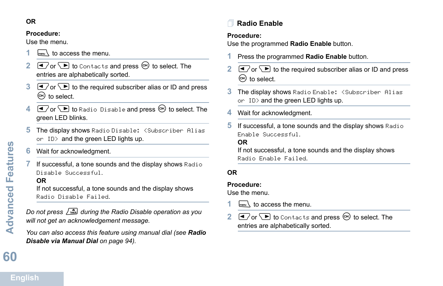 Radio enable, Advanced features | Motorola XPR 4580 User Manual | Page 72 / 121