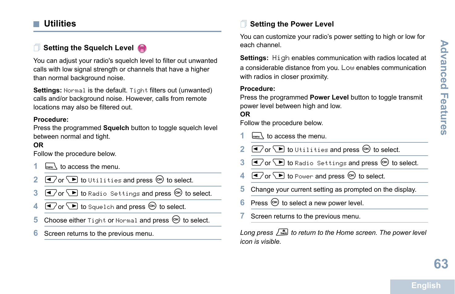 Utilities, Setting the squelch level, Setting the power level | Setting the squelch level setting the power level, Advanced features | Motorola XPR 4580 User Manual | Page 75 / 121