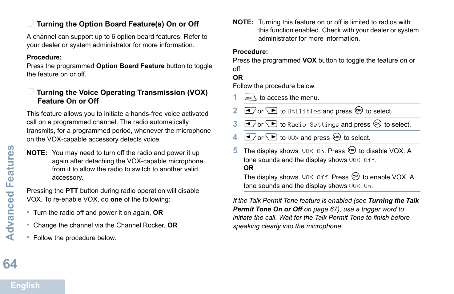 Turning the option board feature(s) on or off, Advanced features | Motorola XPR 4580 User Manual | Page 76 / 121