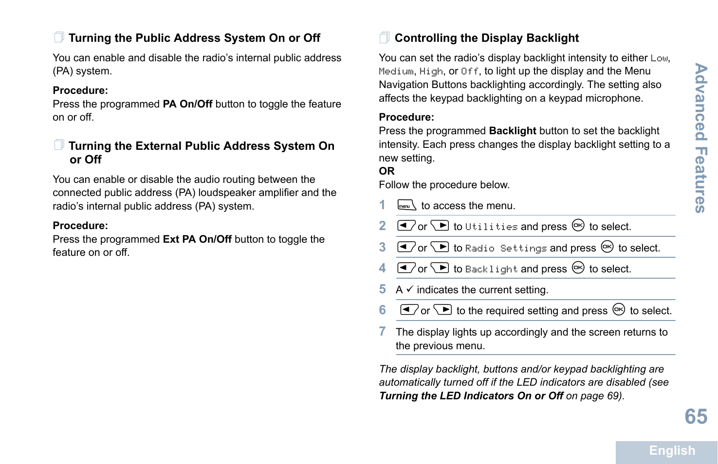 Turning the public address system on or off, Controlling the display backlight, Advanced features | Motorola XPR 4580 User Manual | Page 77 / 121