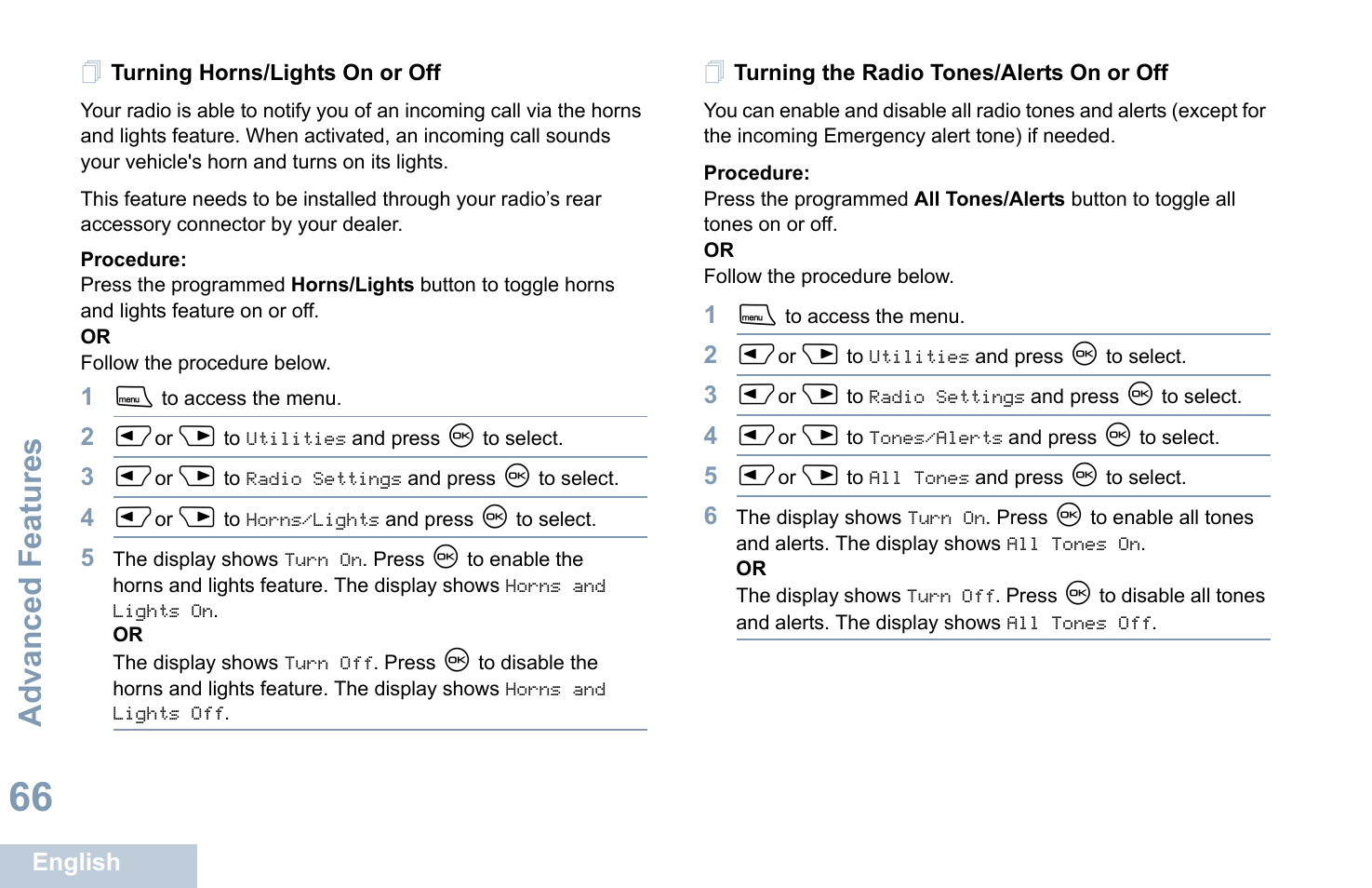 Turning horns/lights on or off, Turning the radio tones/alerts on or off, Advanced features | Motorola XPR 4580 User Manual | Page 78 / 121