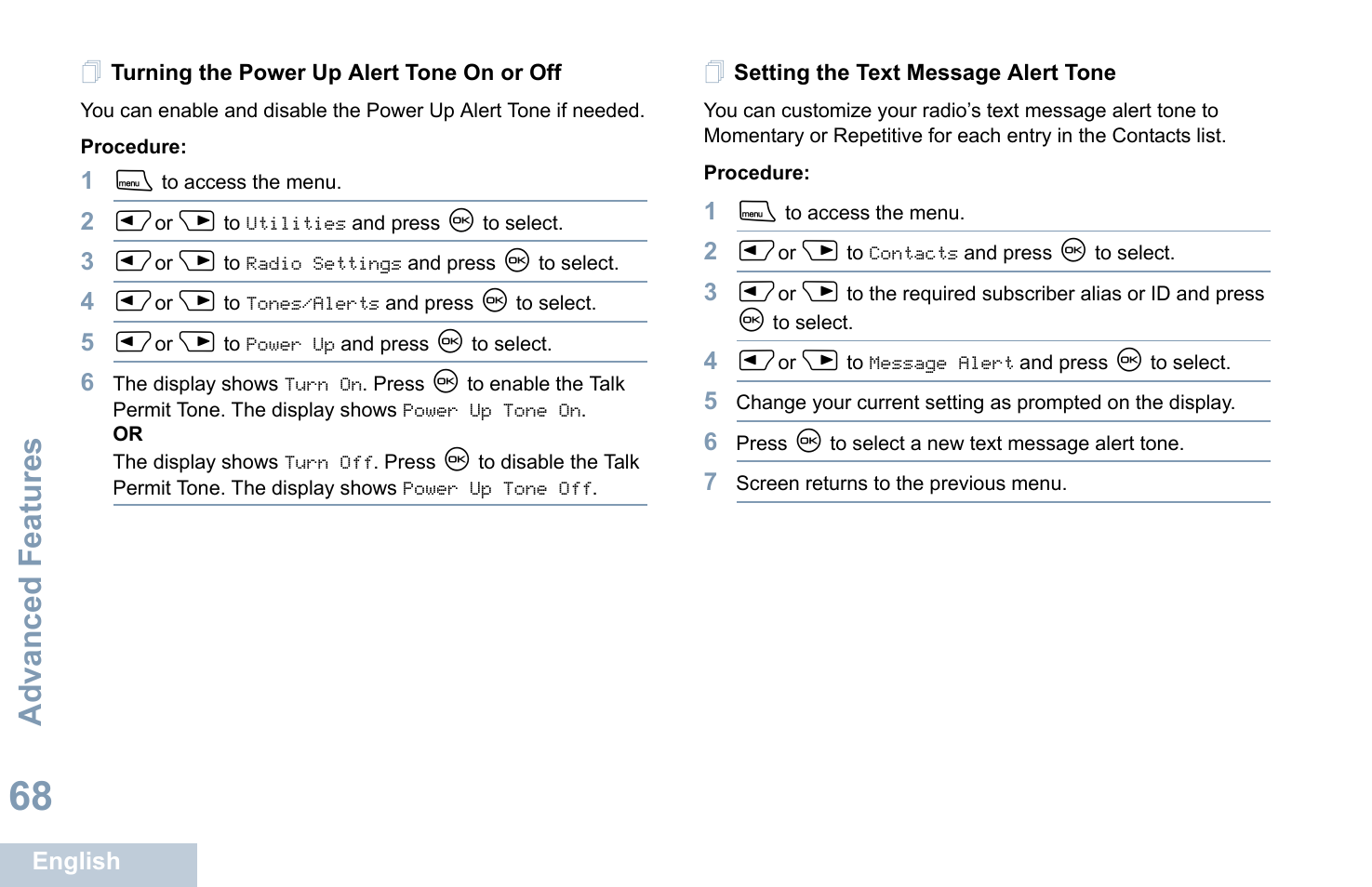 Turning the power up alert tone on or off, Setting the text message alert tone, Advanced features | Motorola XPR 4580 User Manual | Page 80 / 121