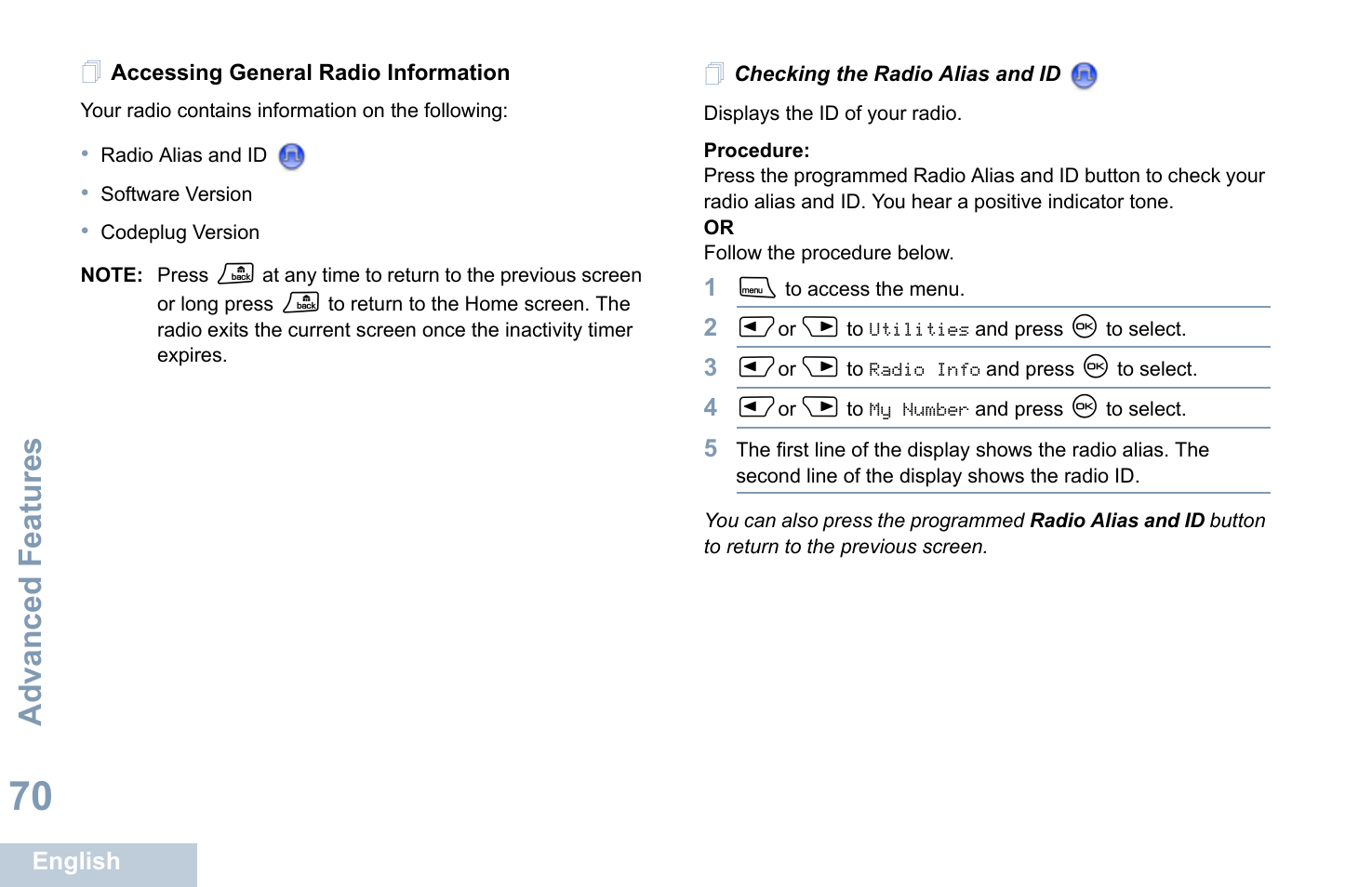 Accessing general radio information, Checking the radio alias and id, Advanced features | Motorola XPR 4580 User Manual | Page 82 / 121
