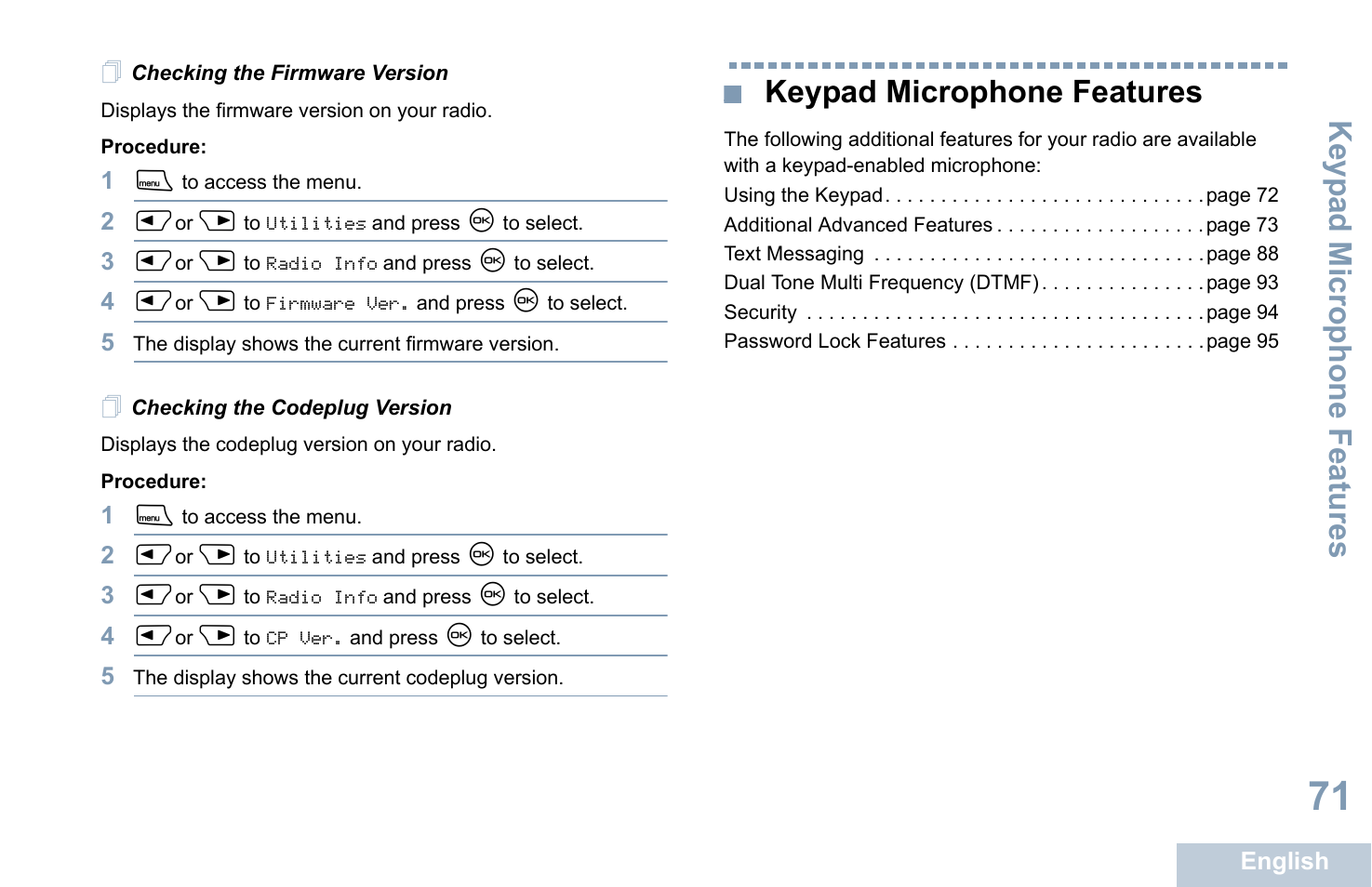 Checking the firmware version, Checking the codeplug version, Keypad microphone features | Keyp ad mic rophone fe atures | Motorola XPR 4580 User Manual | Page 83 / 121