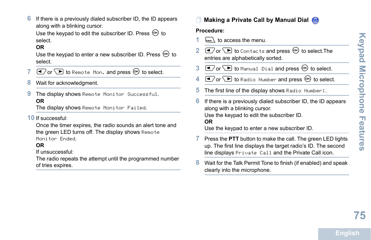 Making a private call by manual dial, Keyp ad mic rophone fe atures | Motorola XPR 4580 User Manual | Page 87 / 121