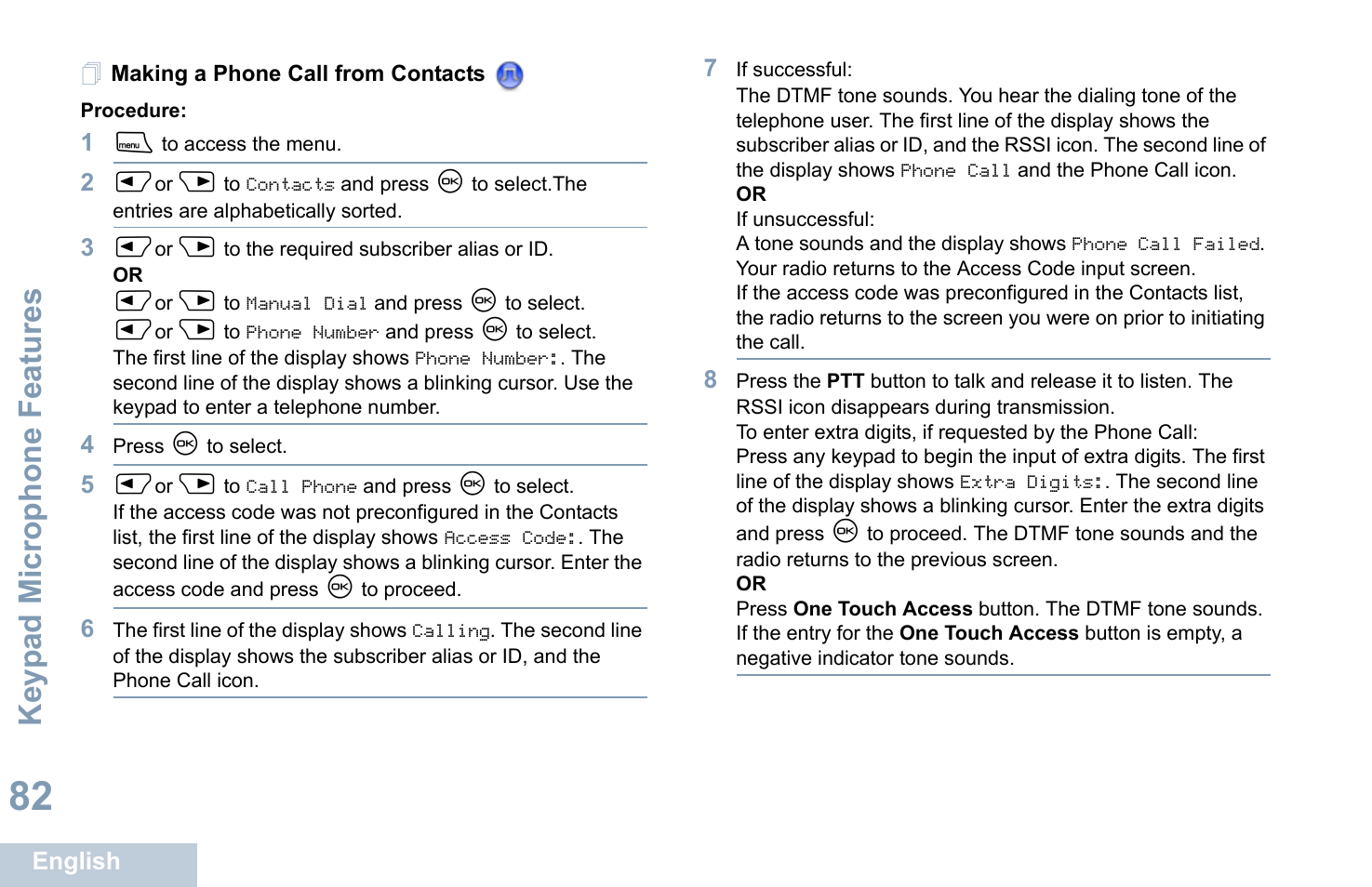 Making a phone call from contacts, Keyp ad mic rophone fe ature s | Motorola XPR 4580 User Manual | Page 94 / 121