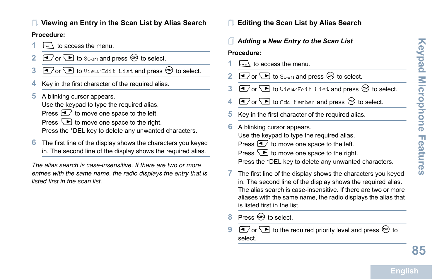 Viewing an entry in the scan list by alias search, Editing the scan list by alias search, Adding a new entry to the scan list | Keyp ad mic rophone fe atures | Motorola XPR 4580 User Manual | Page 97 / 121