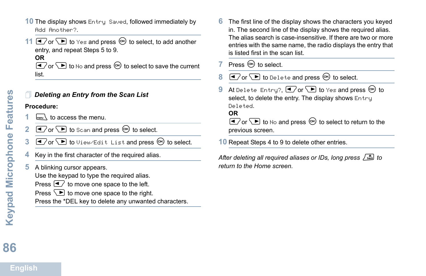 Deleting an entry from the scan list, Keyp ad mic rophone fe ature s | Motorola XPR 4580 User Manual | Page 98 / 121