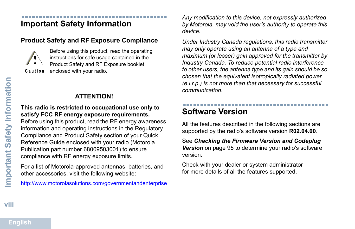 Important safety information, Product safety and rf exposure compliance, Software version | Product safety and rf exposure compliance . . viii, Import ant safety information | Motorola XPR 7550 User Manual | Page 10 / 120