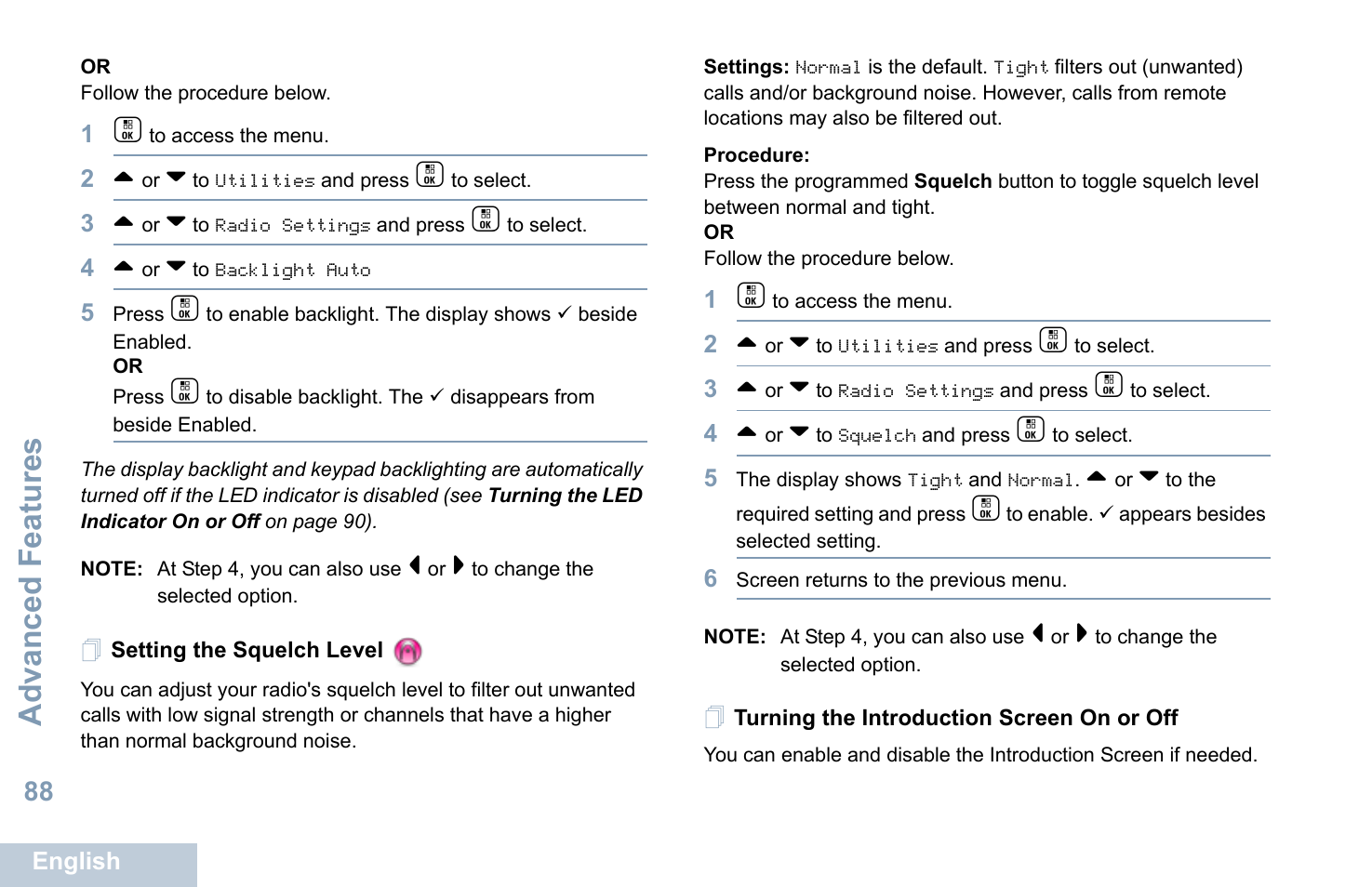 Setting the squelch level, Turning the introduction screen on or off, Advanced features | Motorola XPR 7550 User Manual | Page 100 / 120