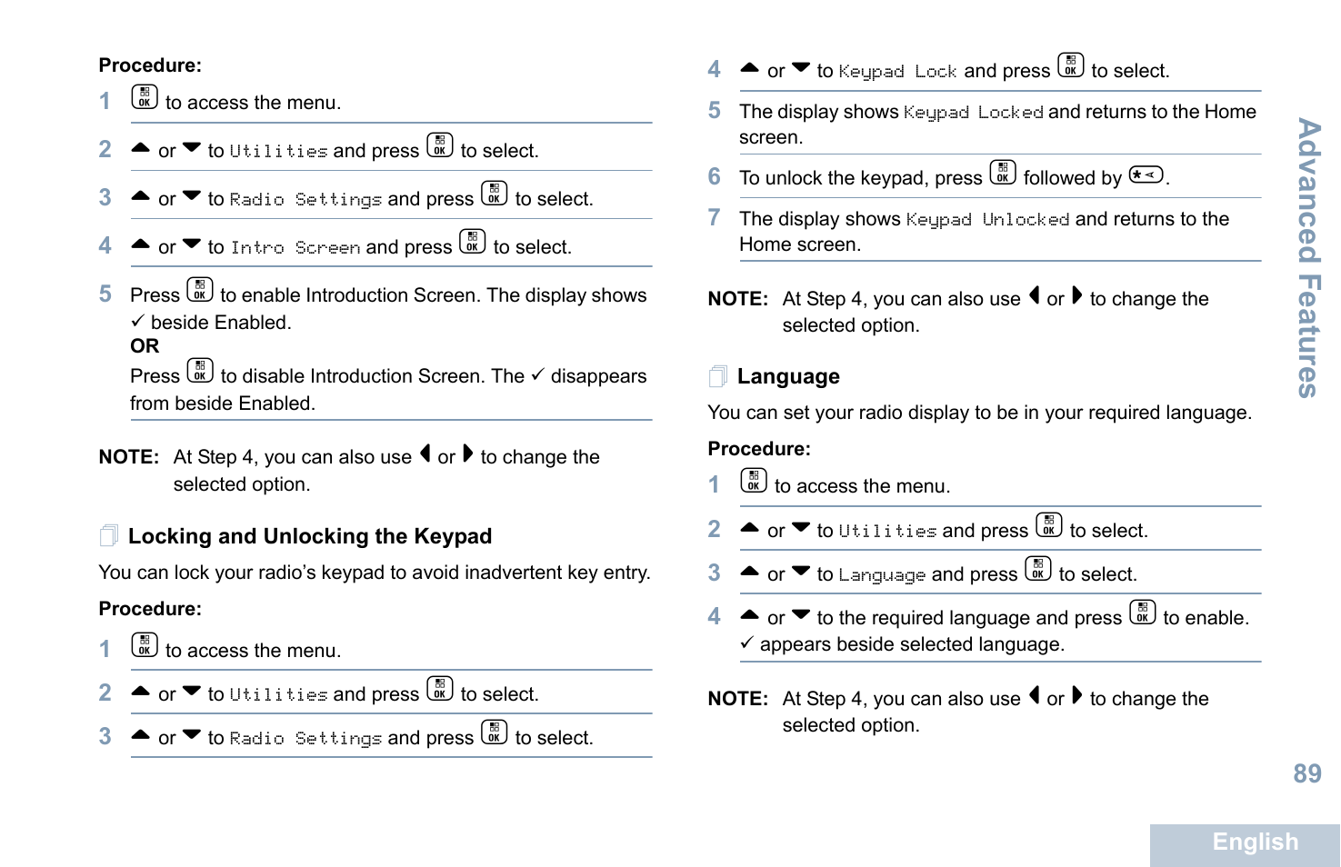 Locking and unlocking the keypad, Language, Locking and unlocking the keypad language | Advanced features | Motorola XPR 7550 User Manual | Page 101 / 120