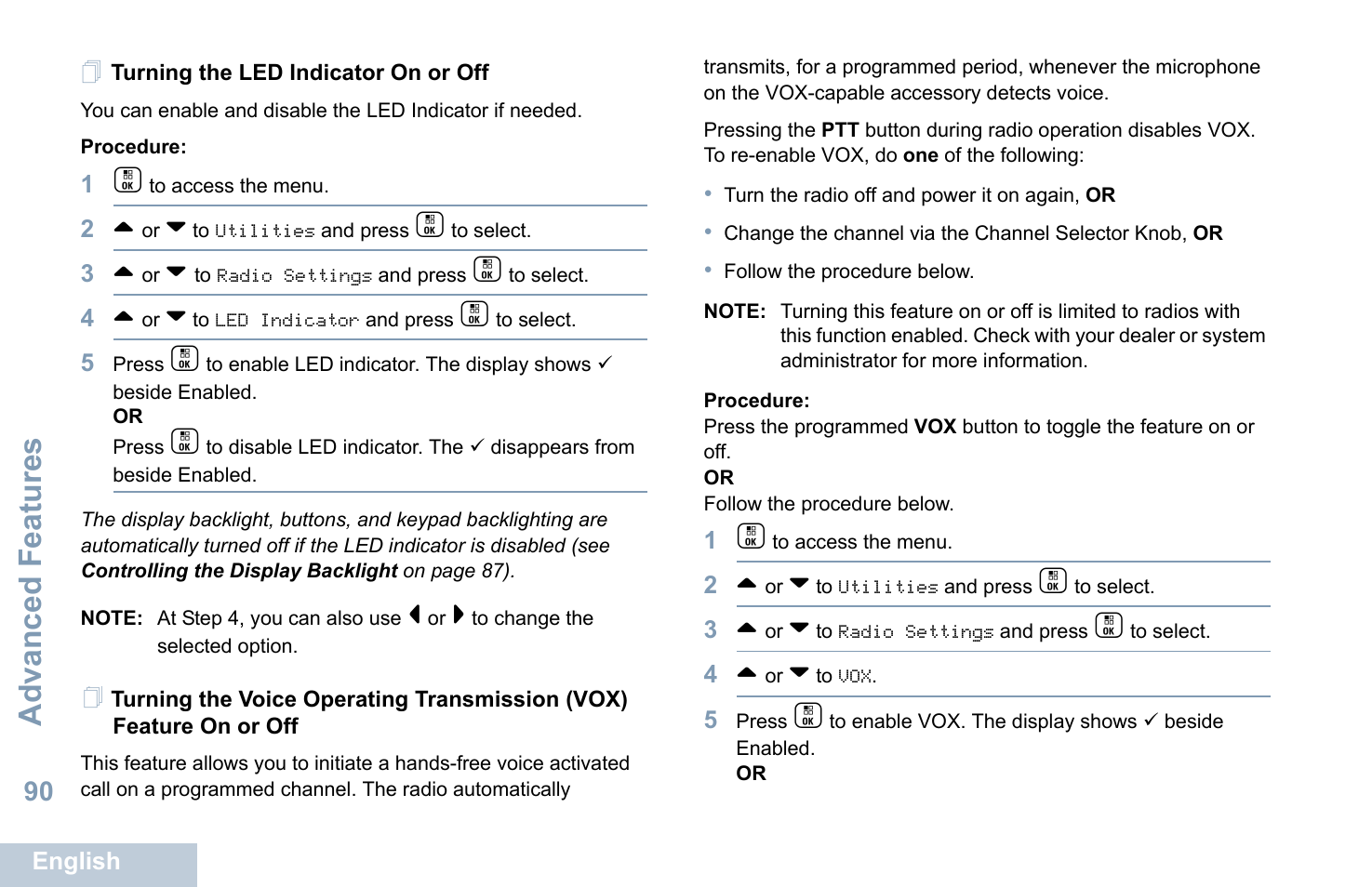 Turning the led indicator on or off, Advanced features | Motorola XPR 7550 User Manual | Page 102 / 120