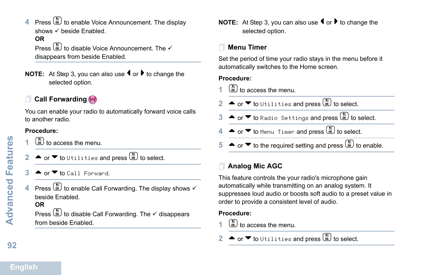 Call forwarding, Menu timer, Analog mic agc | Call forwarding menu timer analog mic agc, Advanced features | Motorola XPR 7550 User Manual | Page 104 / 120