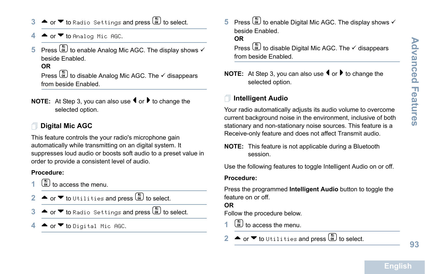 Digital mic agc, Intelligent audio, Digital mic agc intelligent audio | Advanced features | Motorola XPR 7550 User Manual | Page 105 / 120