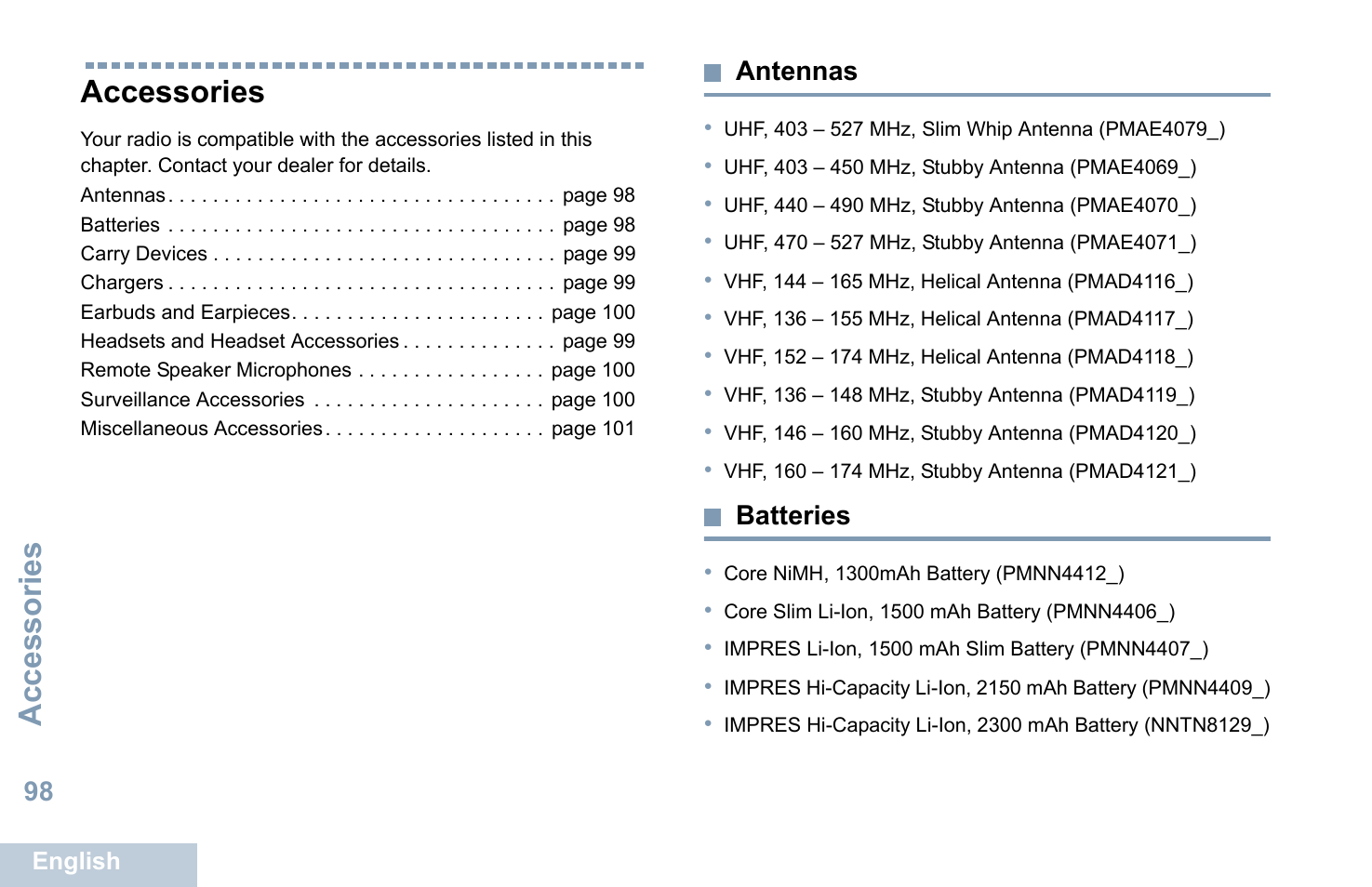 Accessories, Antennas, Batteries | Antennas batteries | Motorola XPR 7550 User Manual | Page 110 / 120