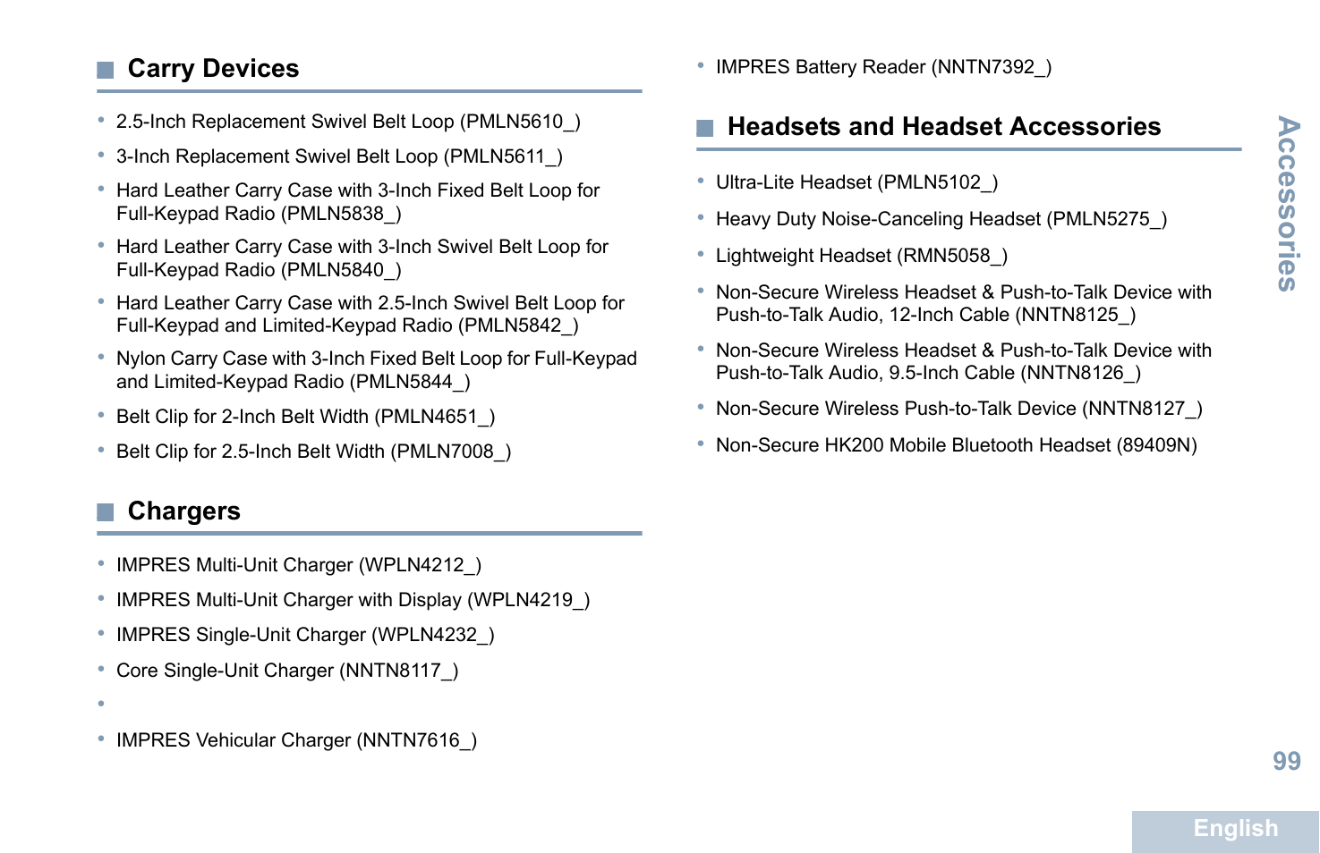 Carry devices, Chargers, Headsets and headset accessories | Accessories | Motorola XPR 7550 User Manual | Page 111 / 120