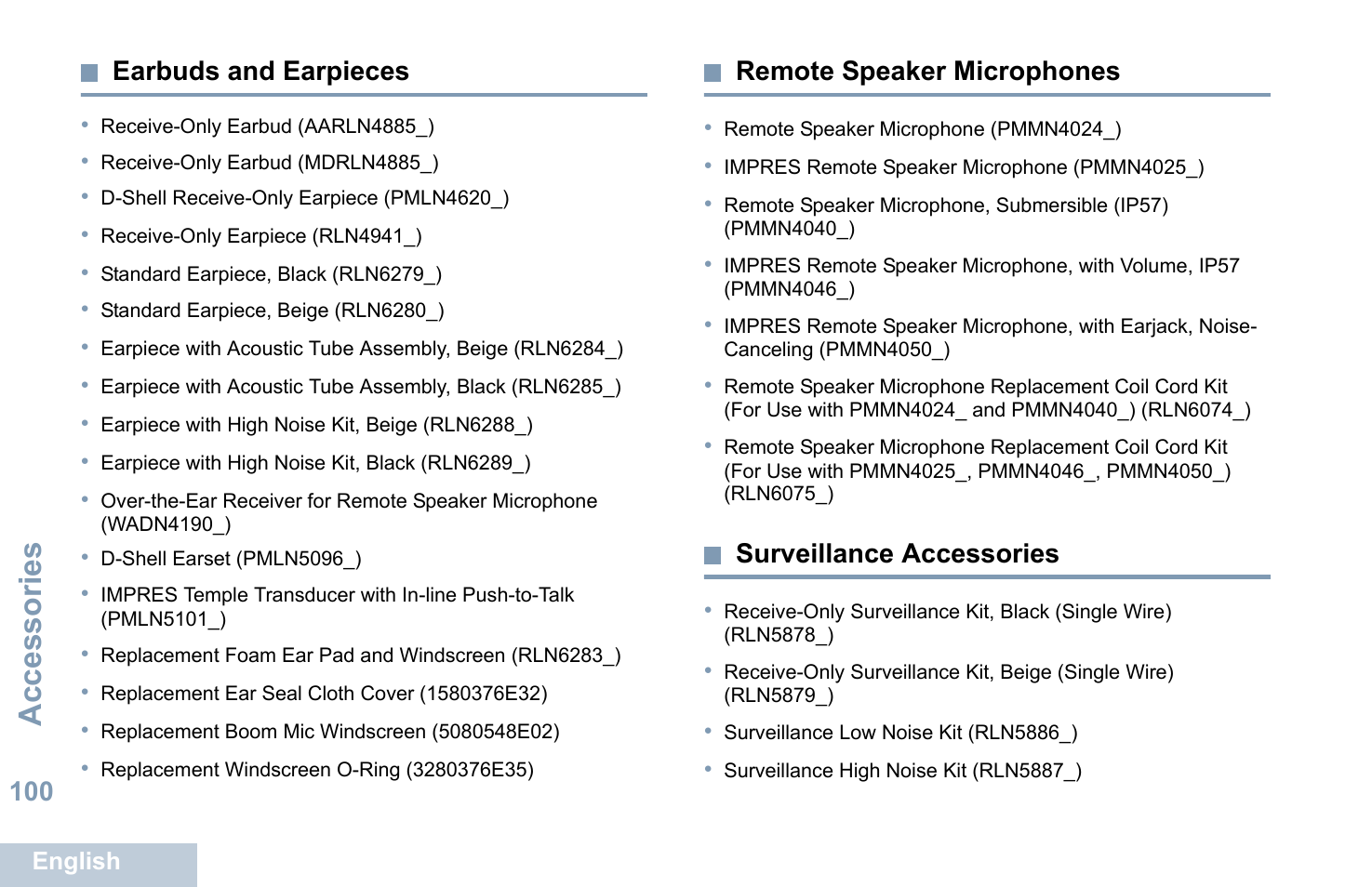 Earbuds and earpieces, Remote speaker microphones, Surveillance accessories | Accessories | Motorola XPR 7550 User Manual | Page 112 / 120