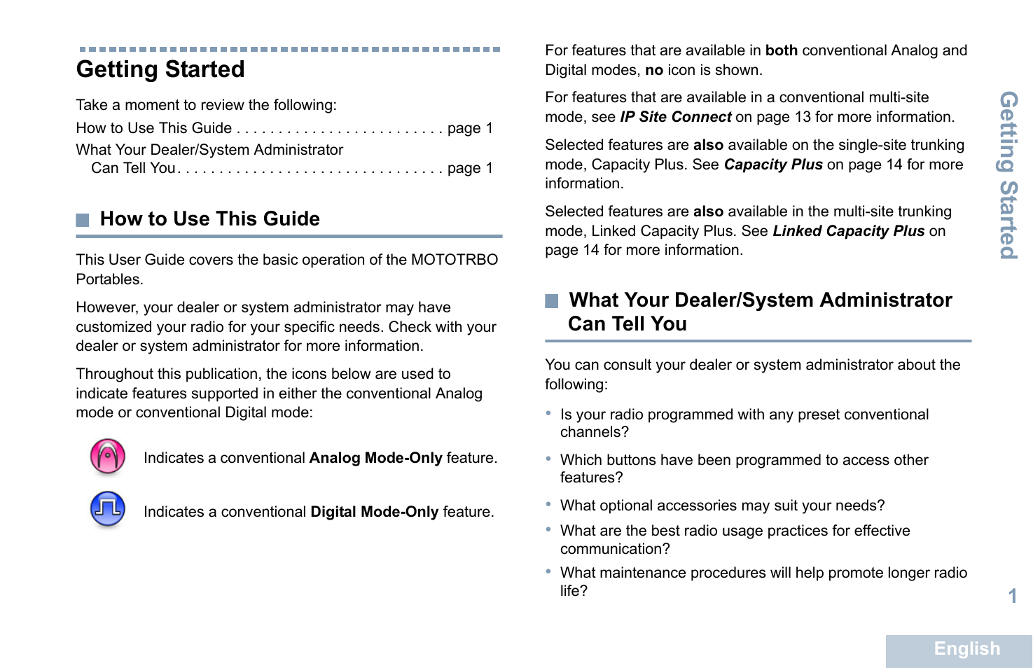 Getting started, How to use this guide, What your dealer/system administrator can tell you | Can tell you, Getting s tarted | Motorola XPR 7550 User Manual | Page 13 / 120
