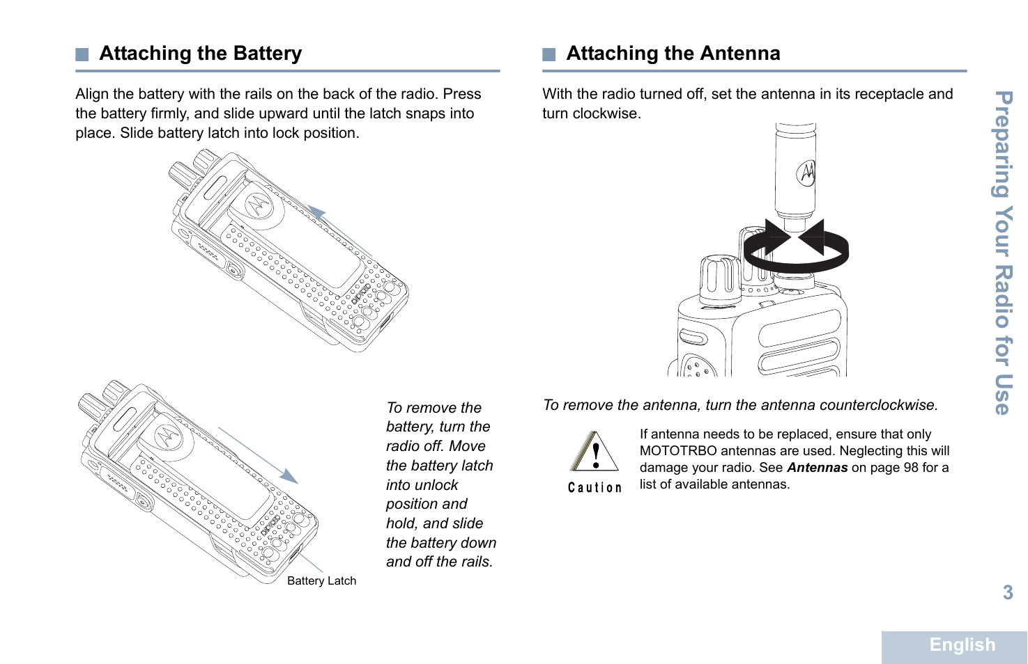 Attaching the battery, Attaching the antenna, Attaching the battery attaching the antenna | Prep aring y o ur radio for use | Motorola XPR 7550 User Manual | Page 15 / 120